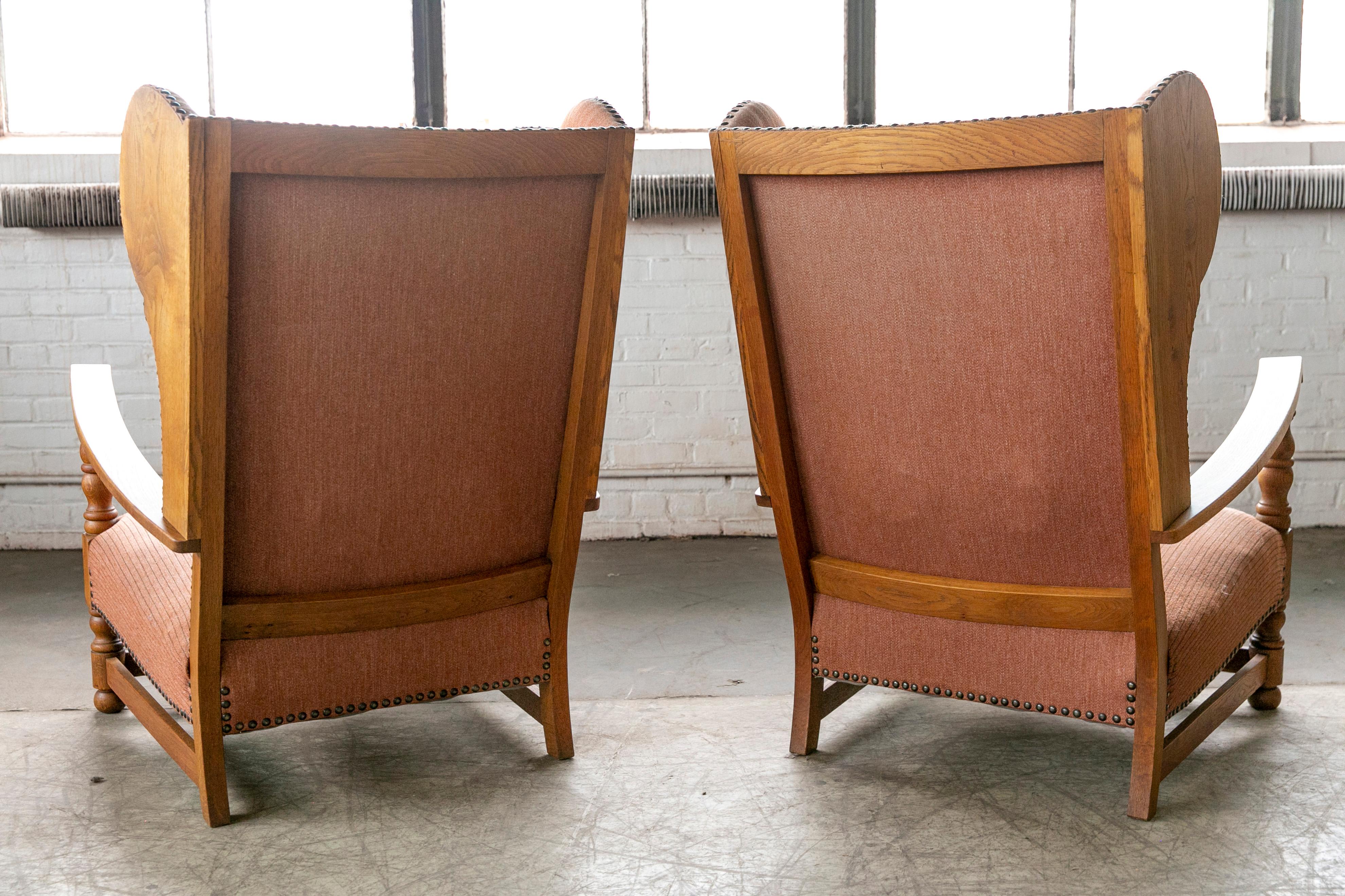 Pair of Danish 1930s Midcentury Country Style Wingback Armchairs in Solid Oak 5