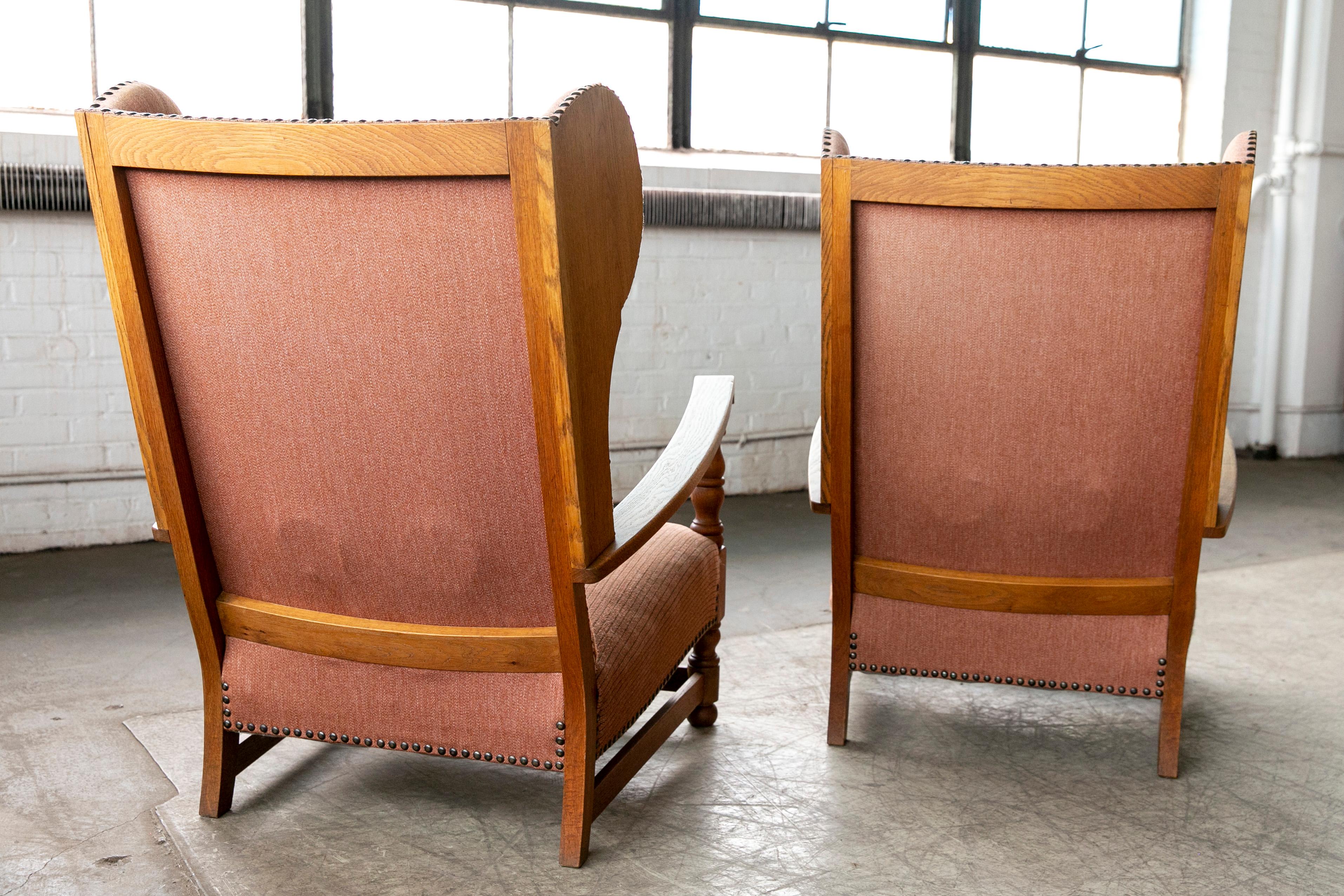 Pair of Danish 1930s Midcentury Country Style Wingback Armchairs in Solid Oak 6