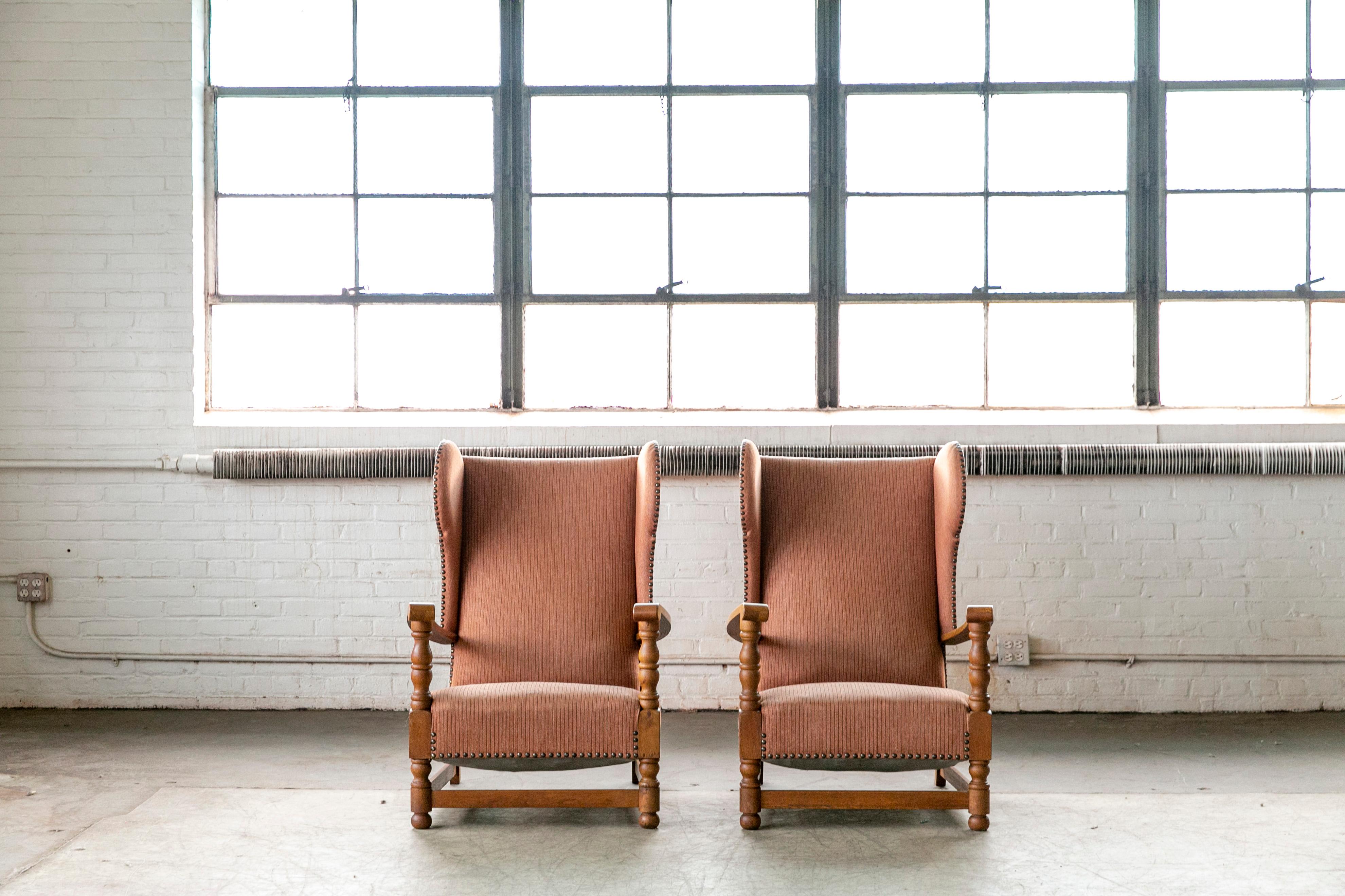 Mid-20th Century Pair of Danish 1930s Midcentury Country Style Wingback Armchairs in Solid Oak