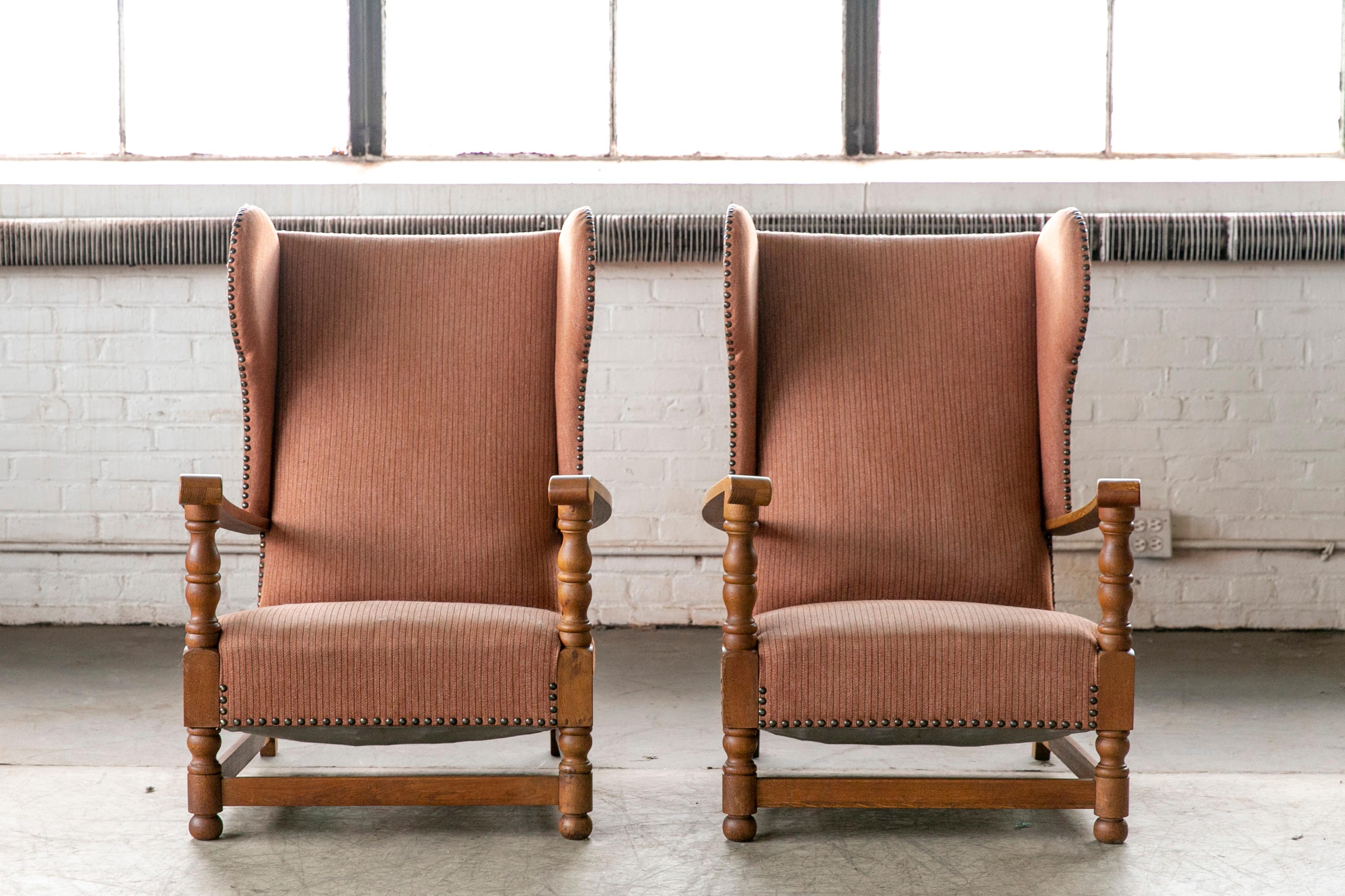 Wool Pair of Danish 1930s Midcentury Country Style Wingback Armchairs in Solid Oak