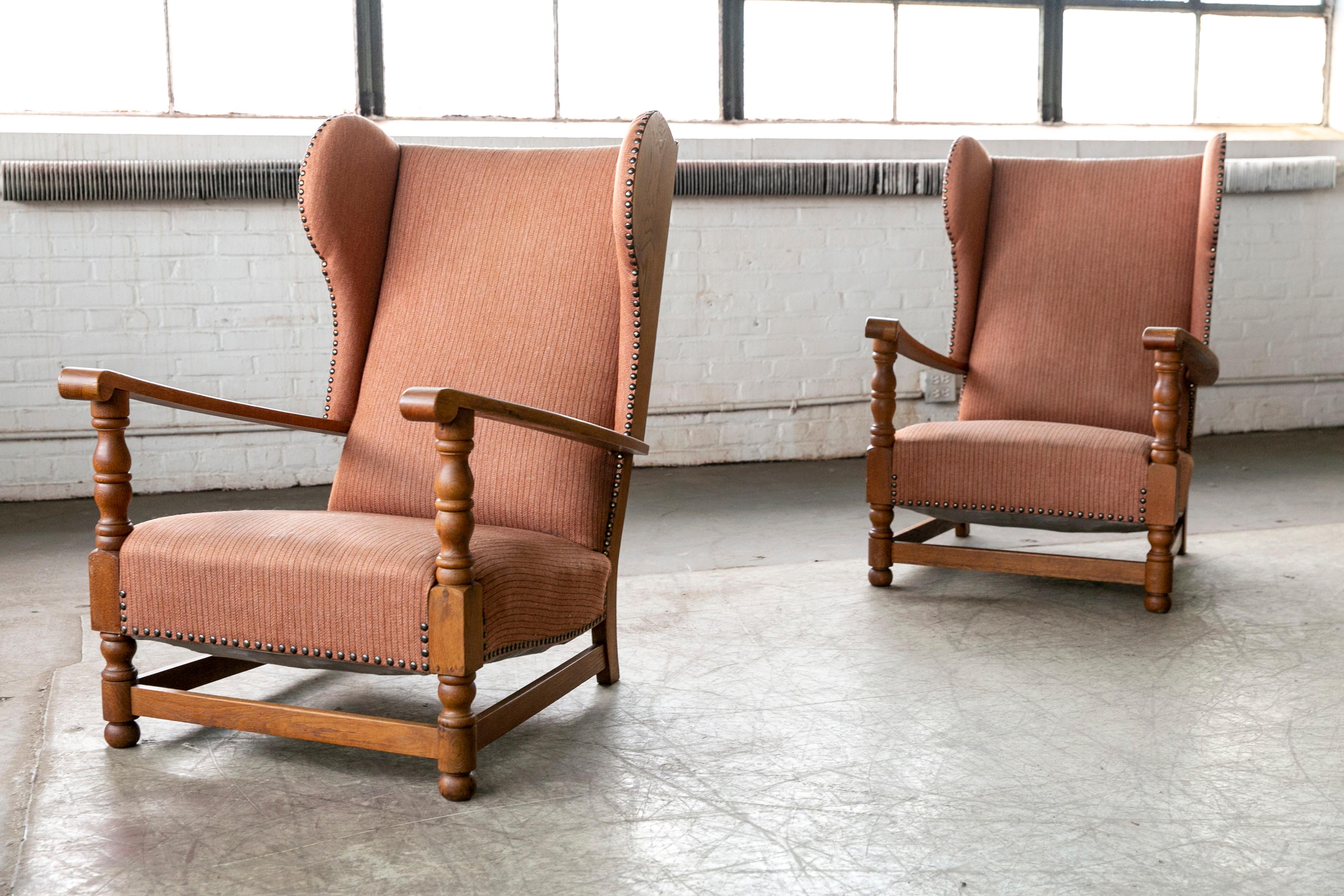 Pair of Danish 1930s Midcentury Country Style Wingback Armchairs in Solid Oak 1