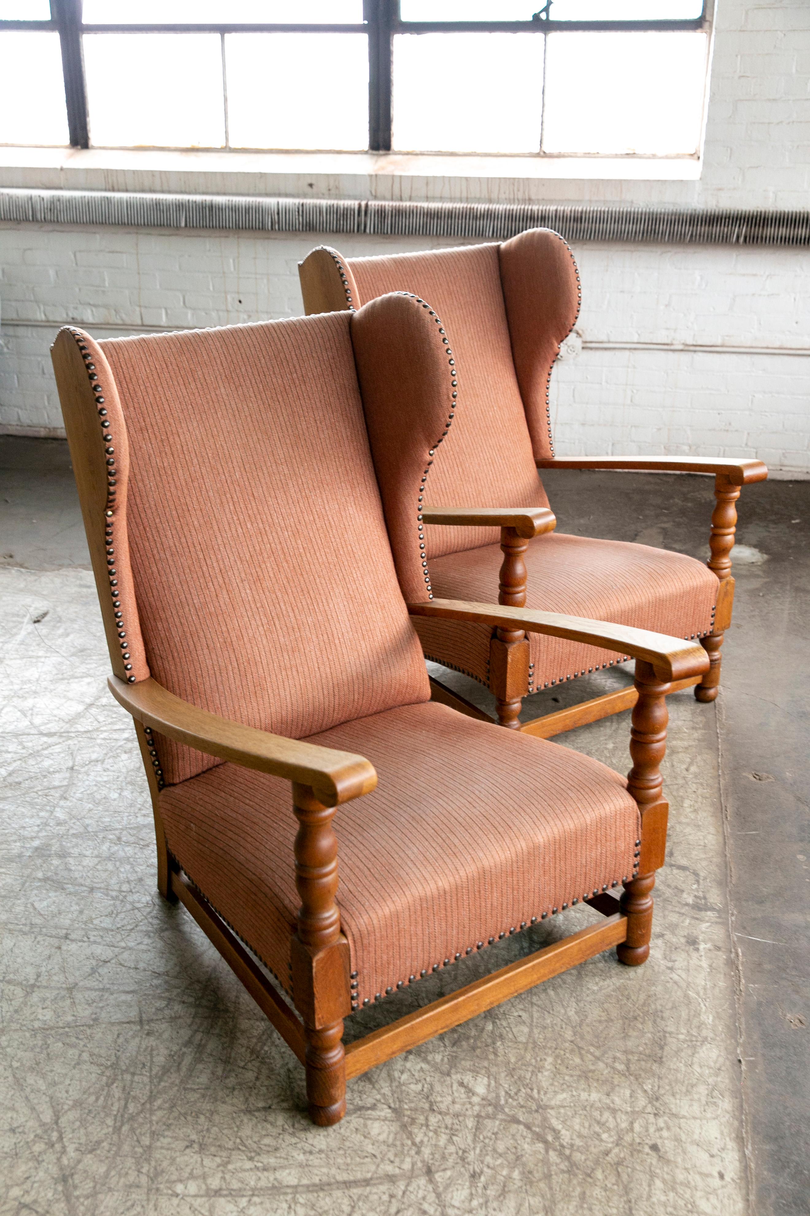 Pair of Danish 1930s Midcentury Country Style Wingback Armchairs in Solid Oak 2