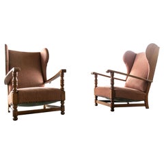 Vintage Pair of Danish 1930s Midcentury Country Style Wingback Armchairs in Solid Oak