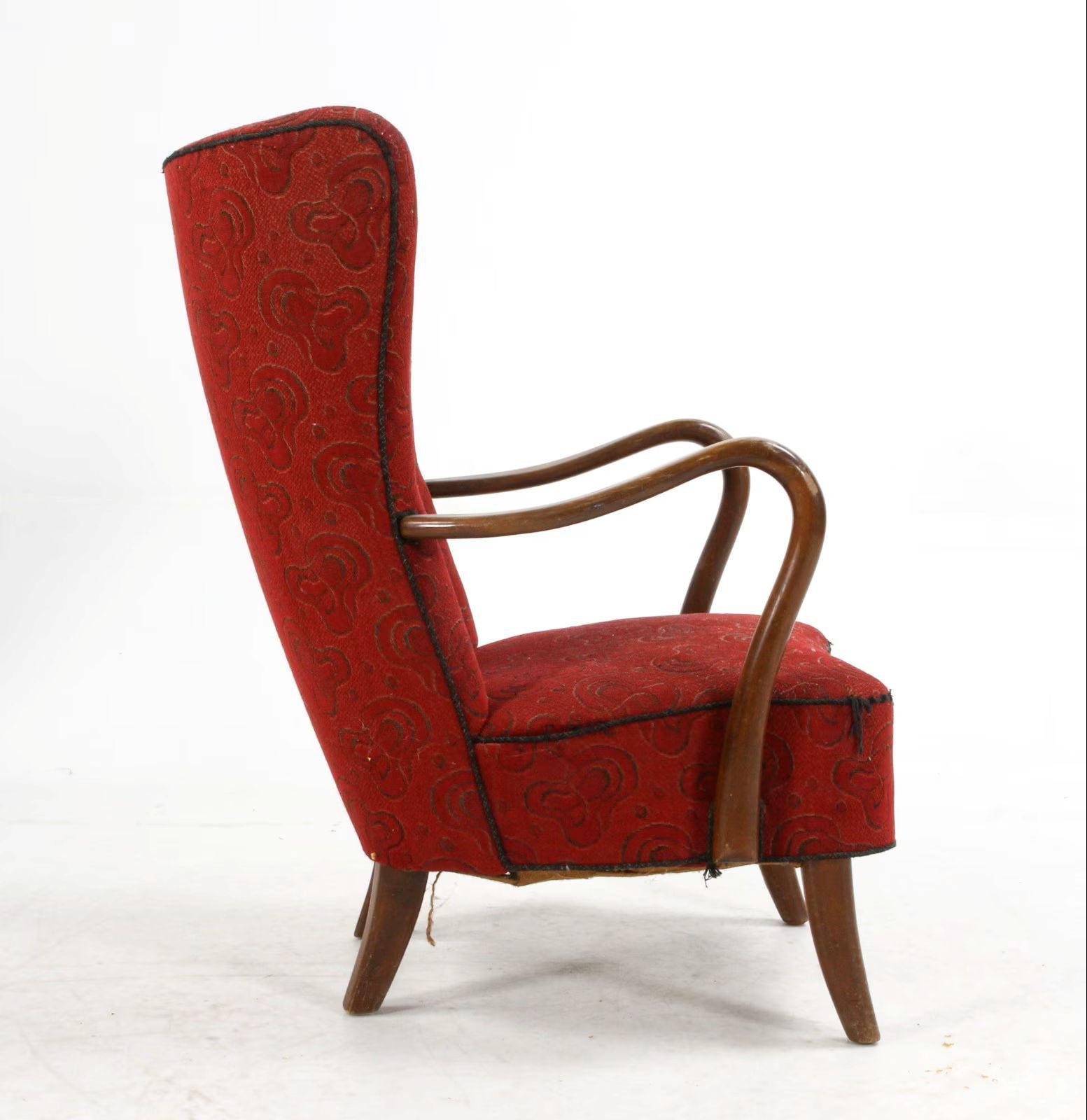 Mid-Century Modern Pair of Danish 1940s Alfred Christensen High Back Easy Chairs with Open Armrests For Sale