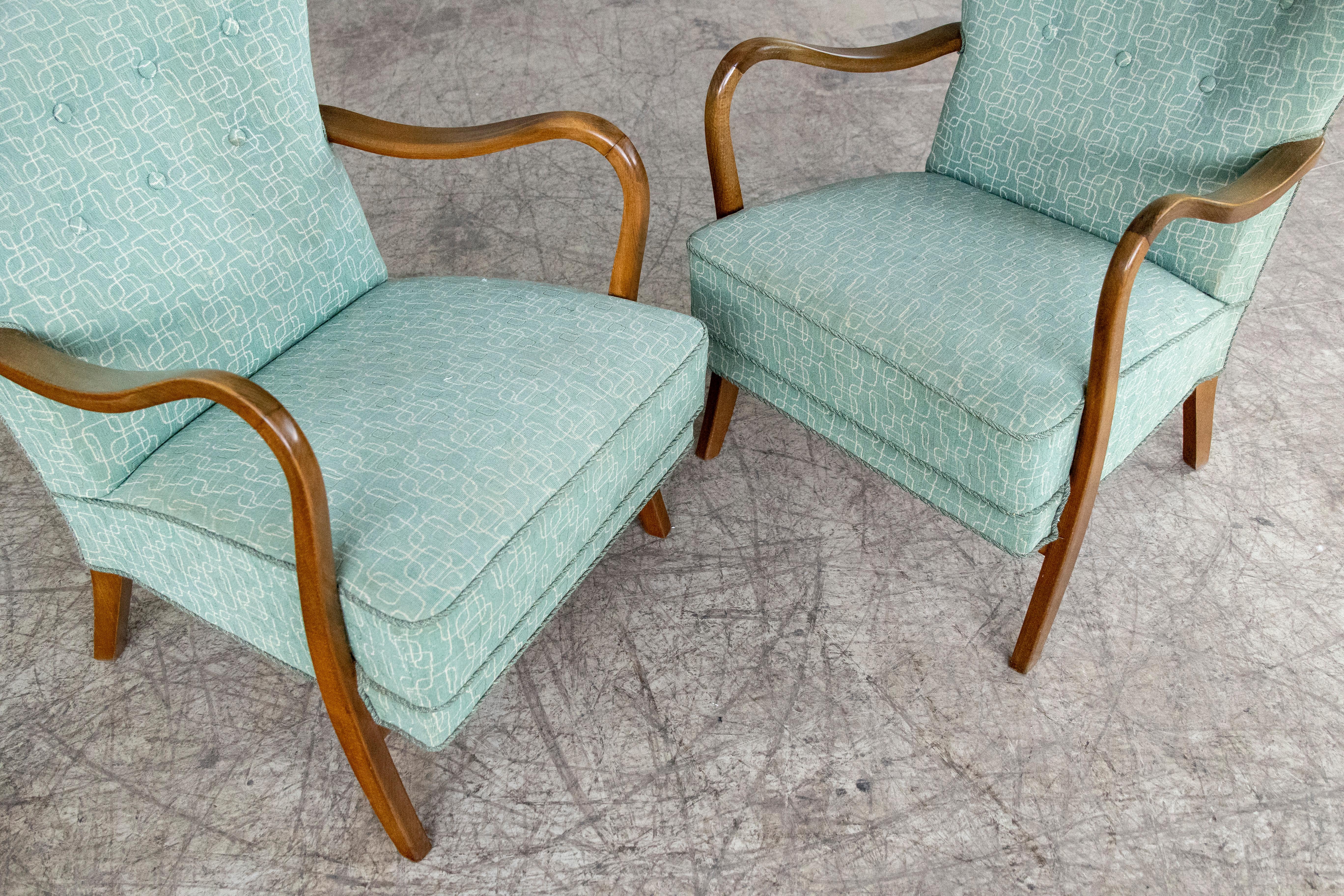 Pair of Danish 1940s Alfred Christensen Low Back Easy Chairs with Open Armrests 5