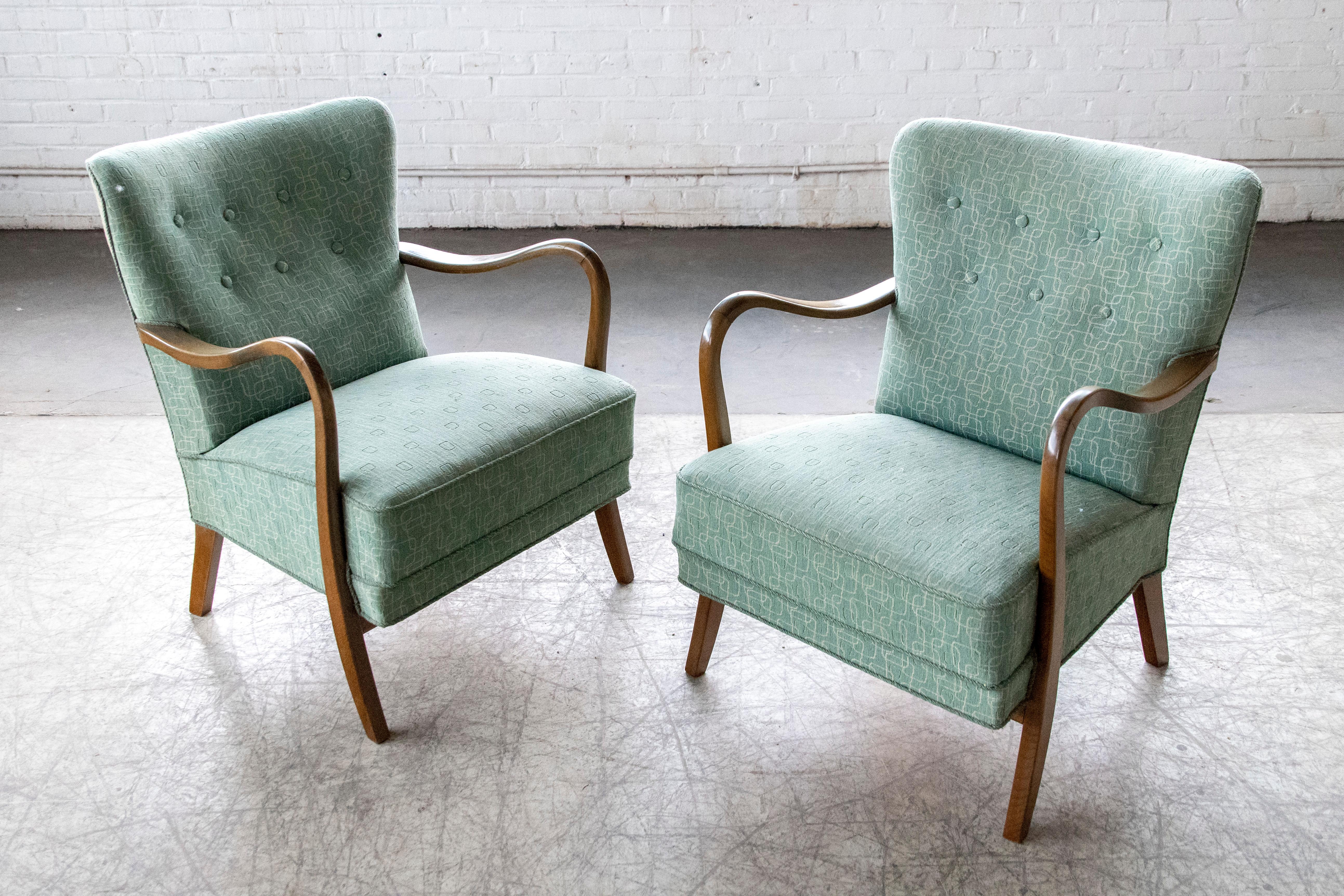 Mid-Century Modern Pair of Danish 1940s Alfred Christensen Low Back Easy Chairs with Open Armrests