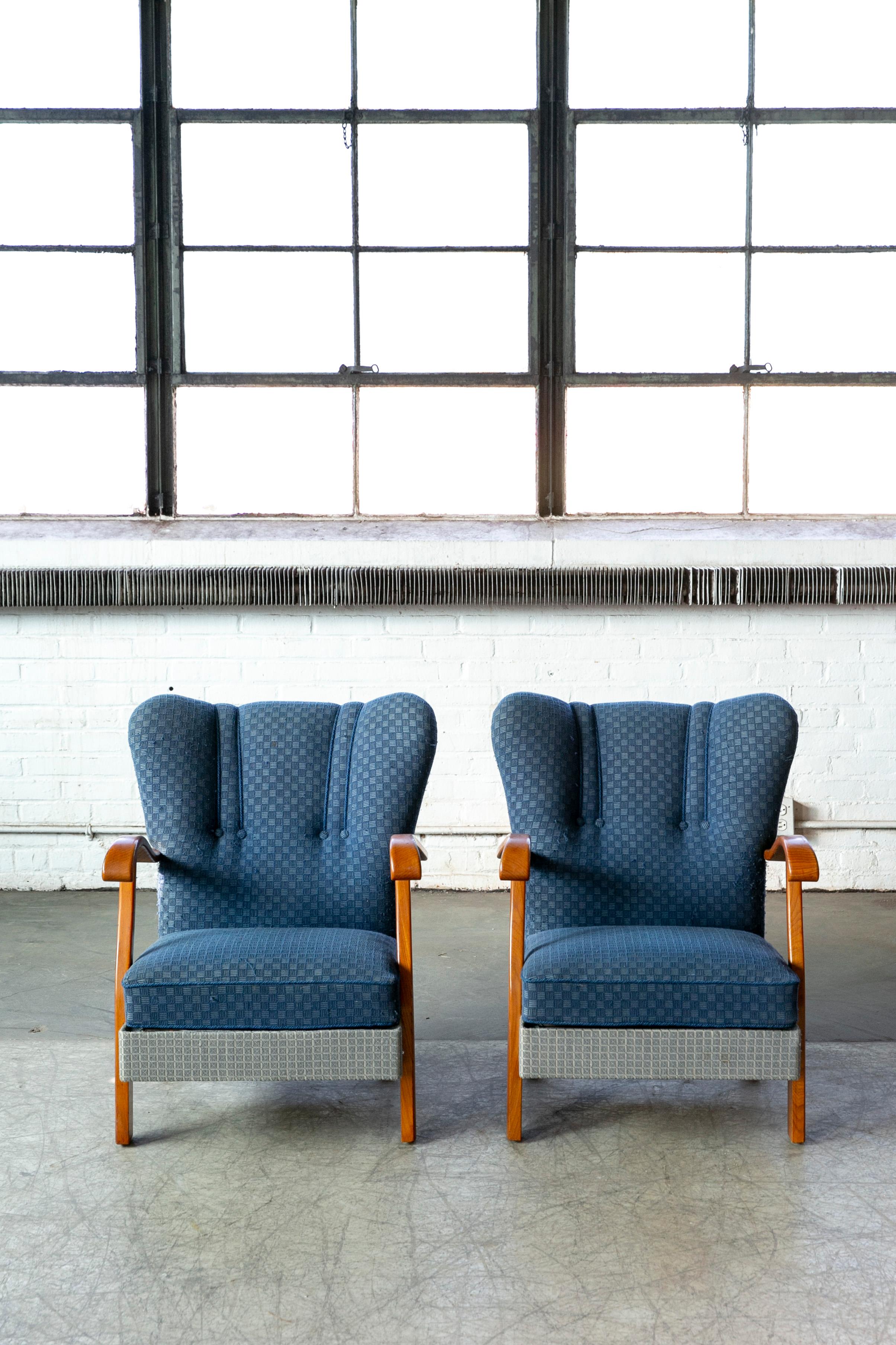 Mid-Century Modern Pair of Danish 1940s Alfred Christensen Style Low Back Chairs with Open Armrests