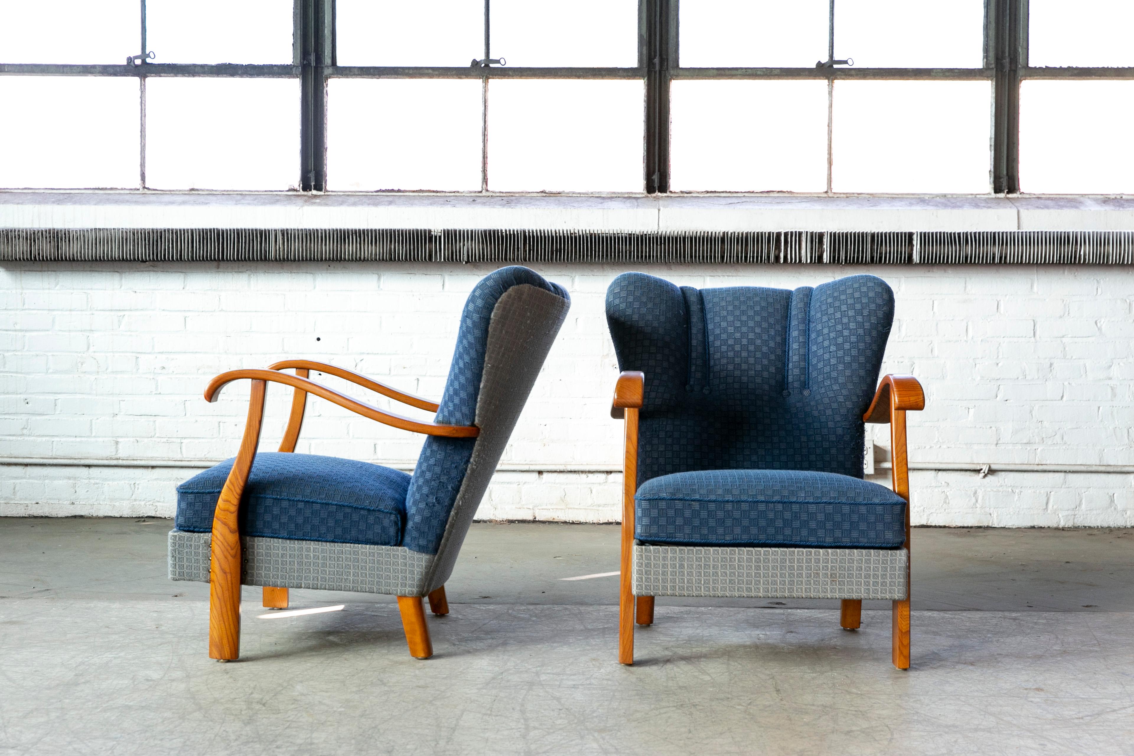 Mid-20th Century Pair of Danish 1940s Alfred Christensen Style Low Back Chairs with Open Armrests