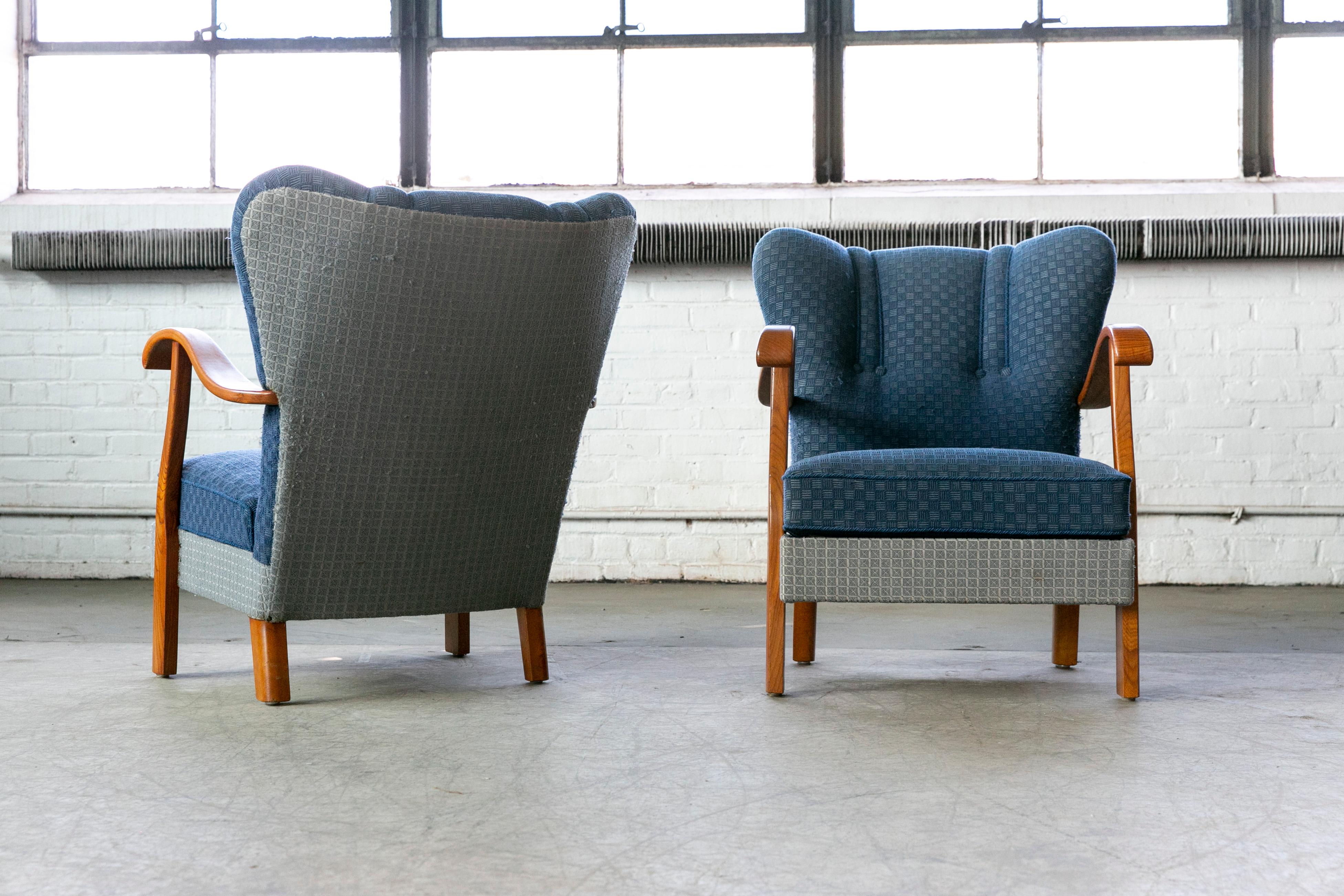 Pair of Danish 1940s Alfred Christensen Style Low Back Chairs with Open Armrests 2