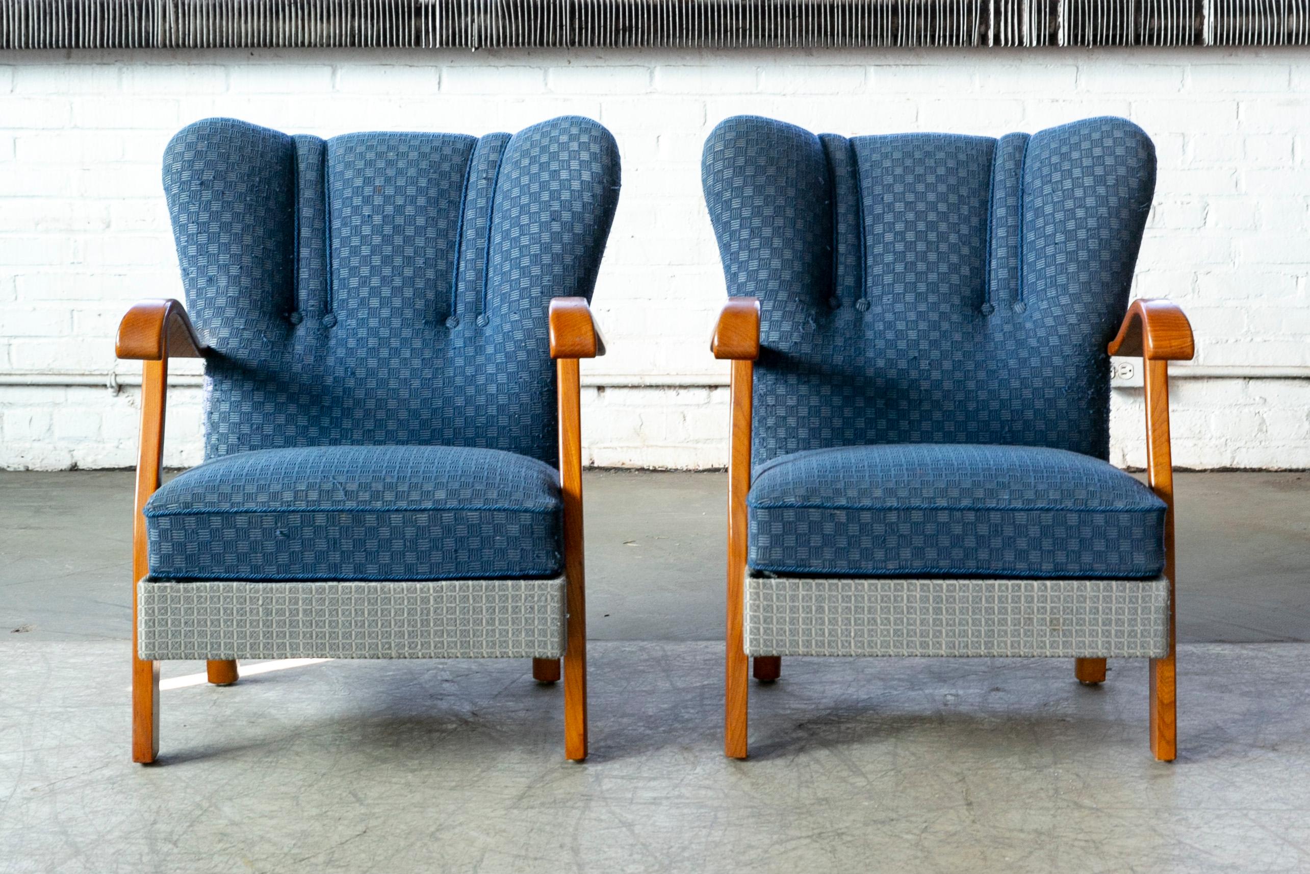Pair of Danish 1940s Alfred Christensen Style Low Back Chairs with Open Armrests 3