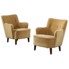 Pair of Danish 1940s Bergere Armchairs in Striped Mohair