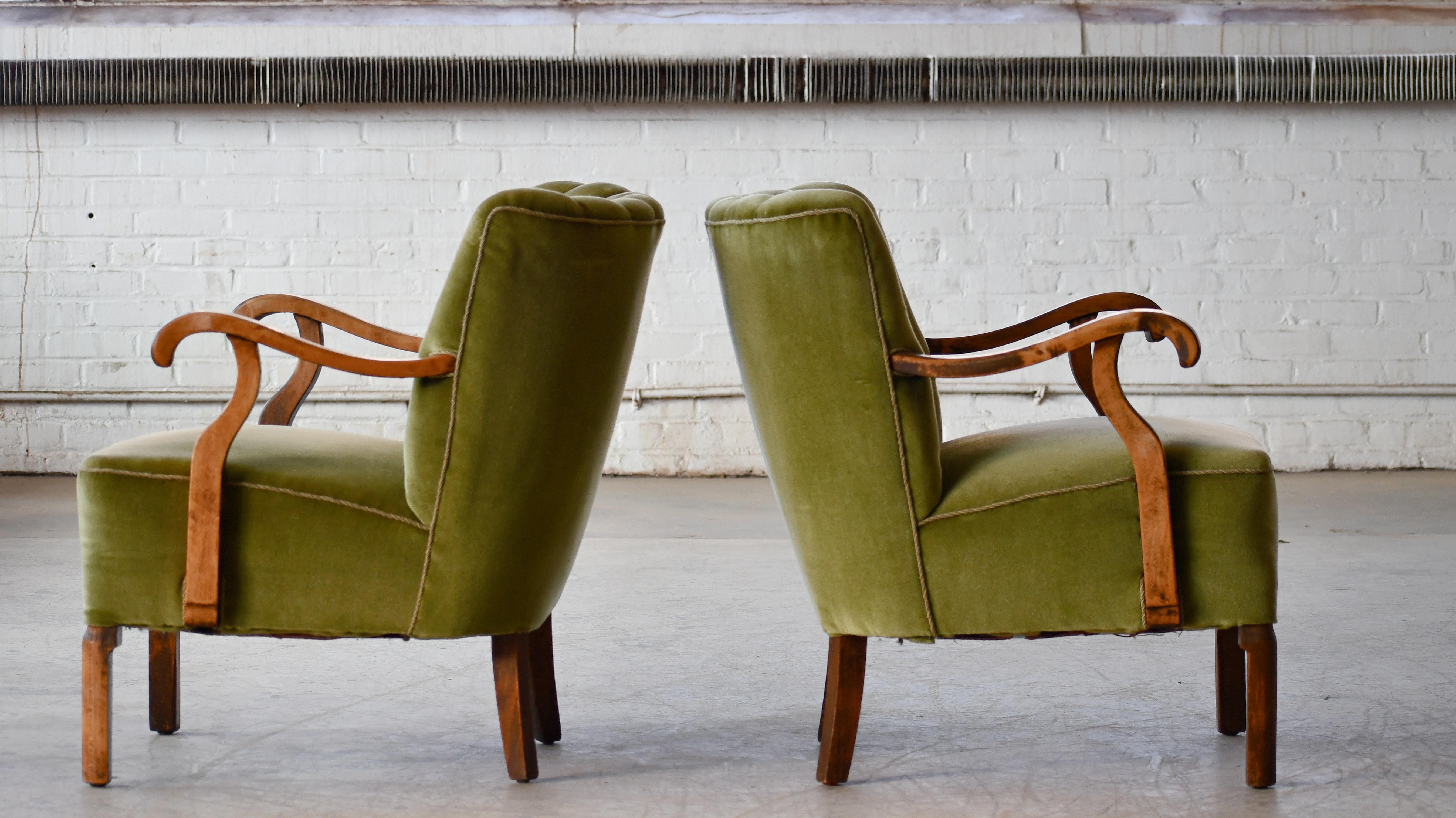 Pair of Danish 1940s Channel Back Low Easy Chairs with Open Armrests by Slagelse For Sale 1
