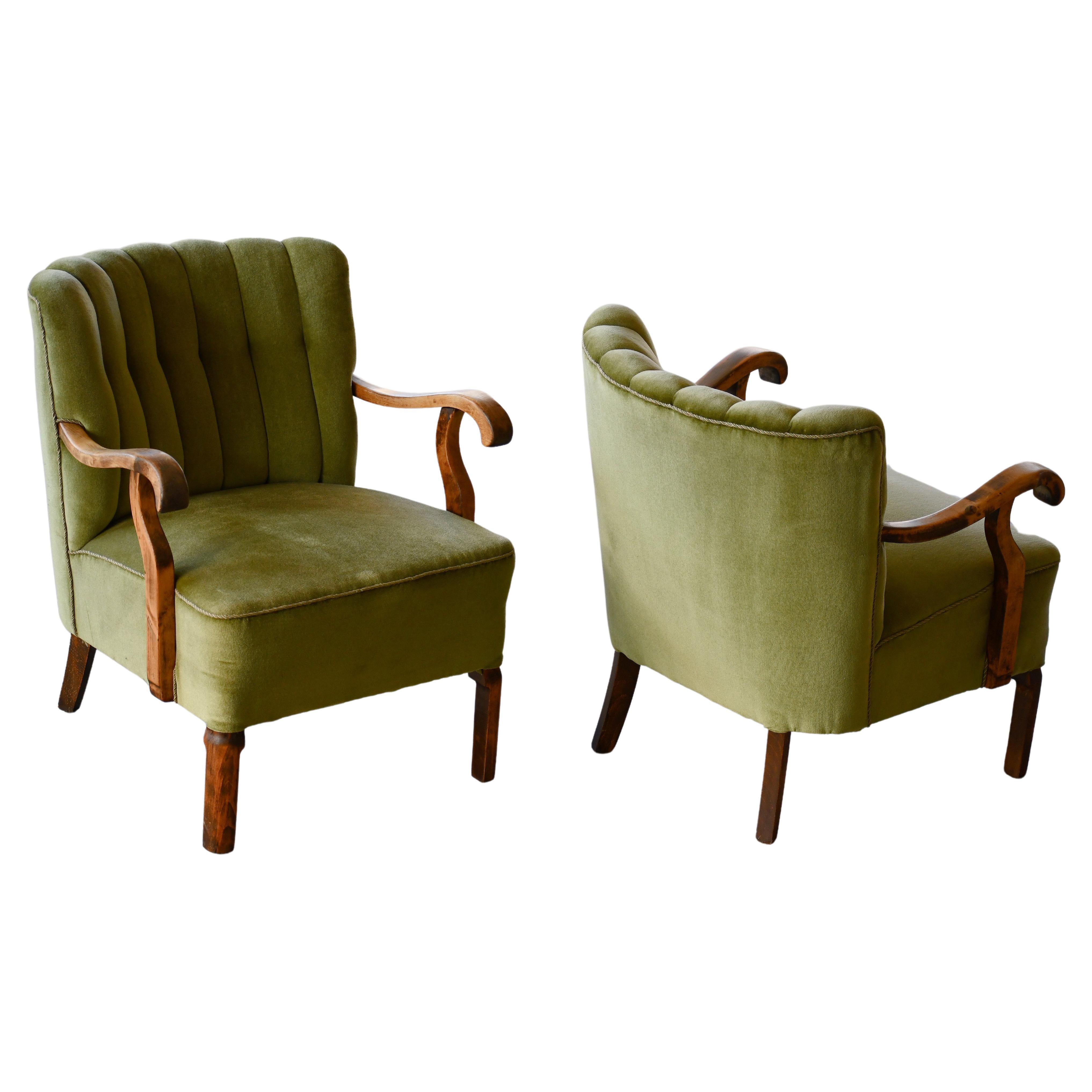 Pair of Danish 1940s Channel Back Low Easy Chairs with Open Armrests by Slagelse