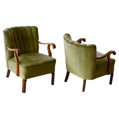 Vintage Pair of Danish 1940s Channel Back Low Easy Chairs with Open Armrests by Slagelse