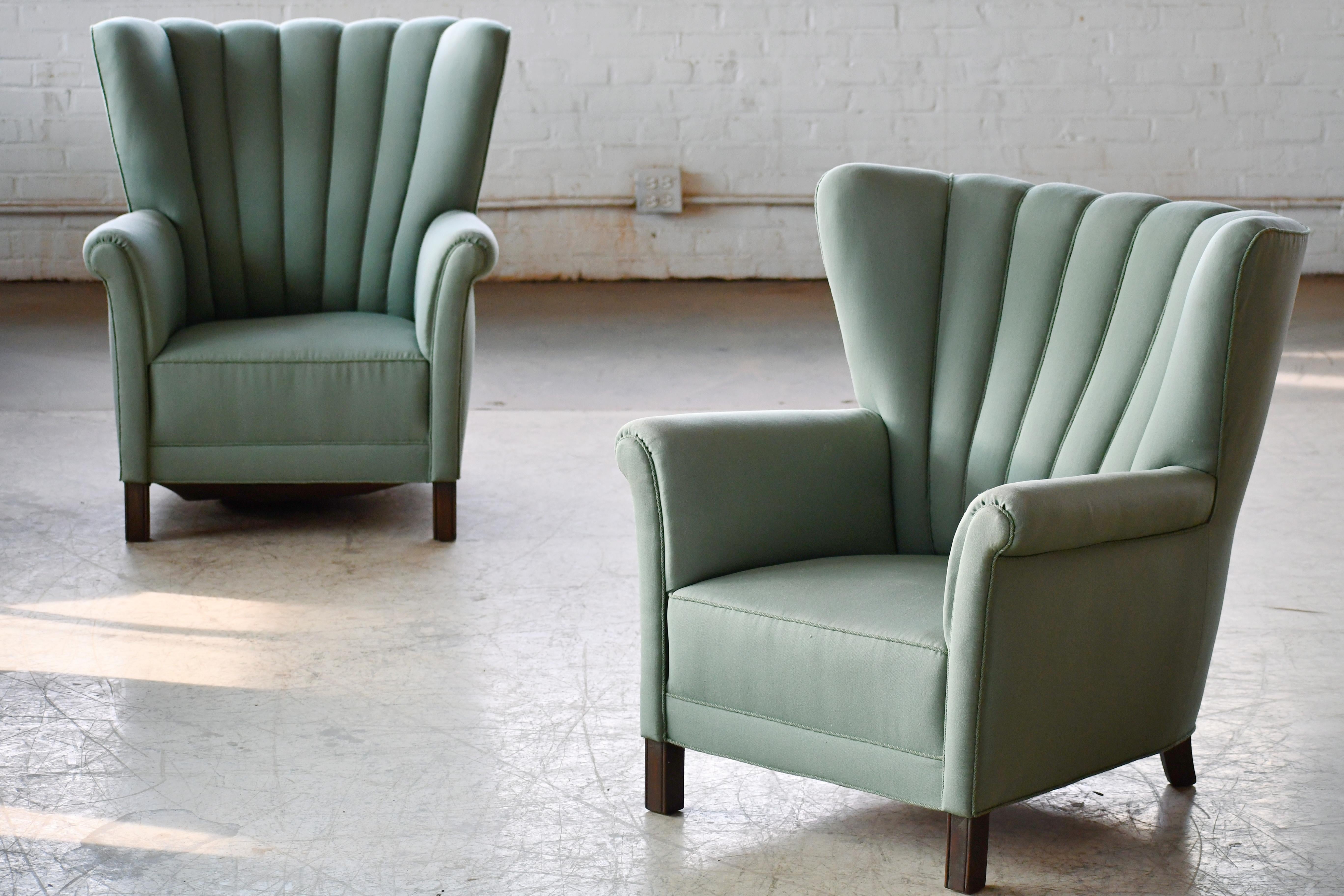 Mid-Century Modern Pair of Danish 1940s Channel Back Club Chairs Attributed to Fritz Hansen  For Sale