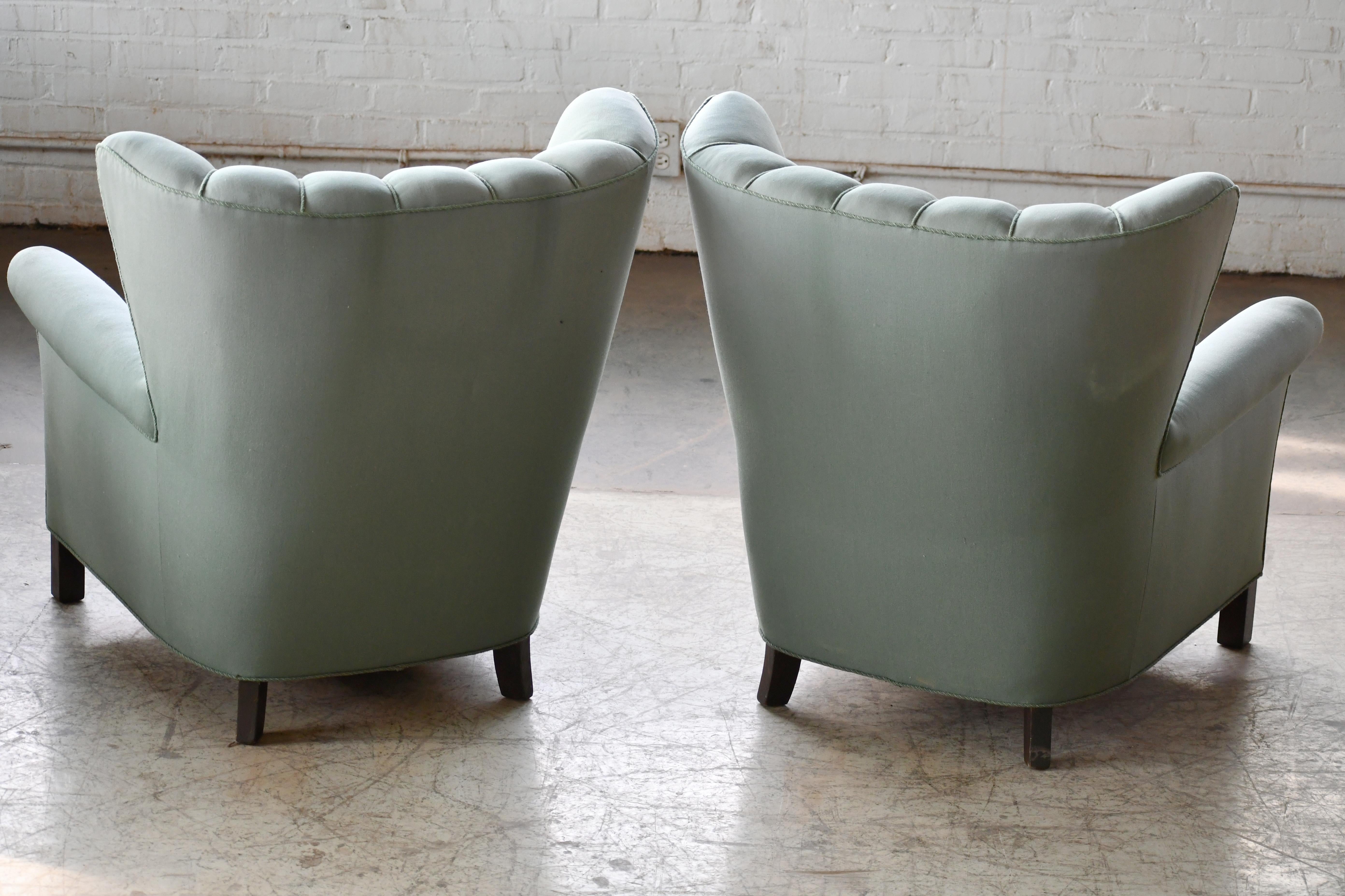 Mid-20th Century Pair of Danish 1940s Channel Back Club Chairs Attributed to Fritz Hansen  For Sale
