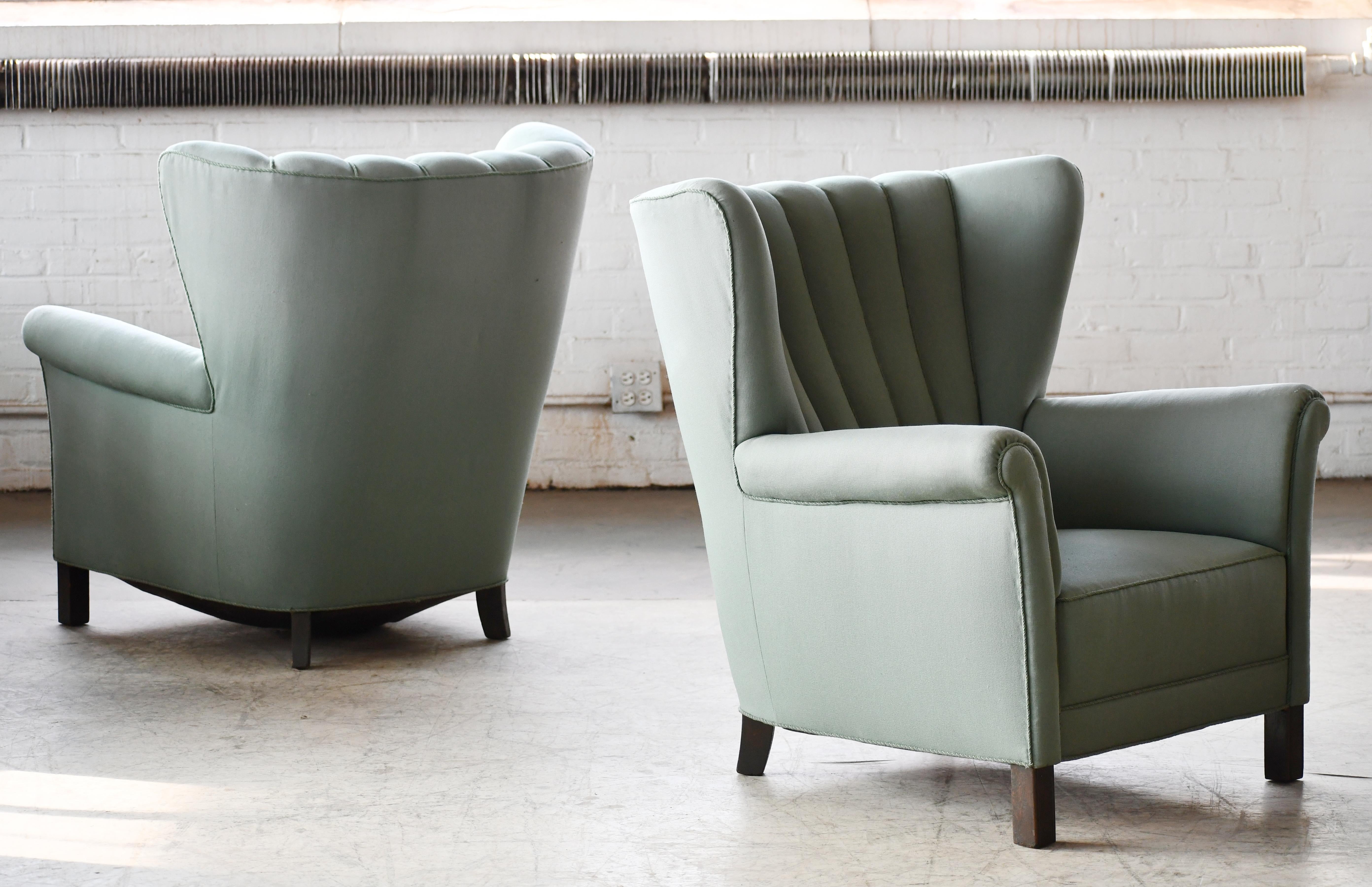 Wool Pair of Danish 1940s Channel Back Club Chairs Attributed to Fritz Hansen  For Sale