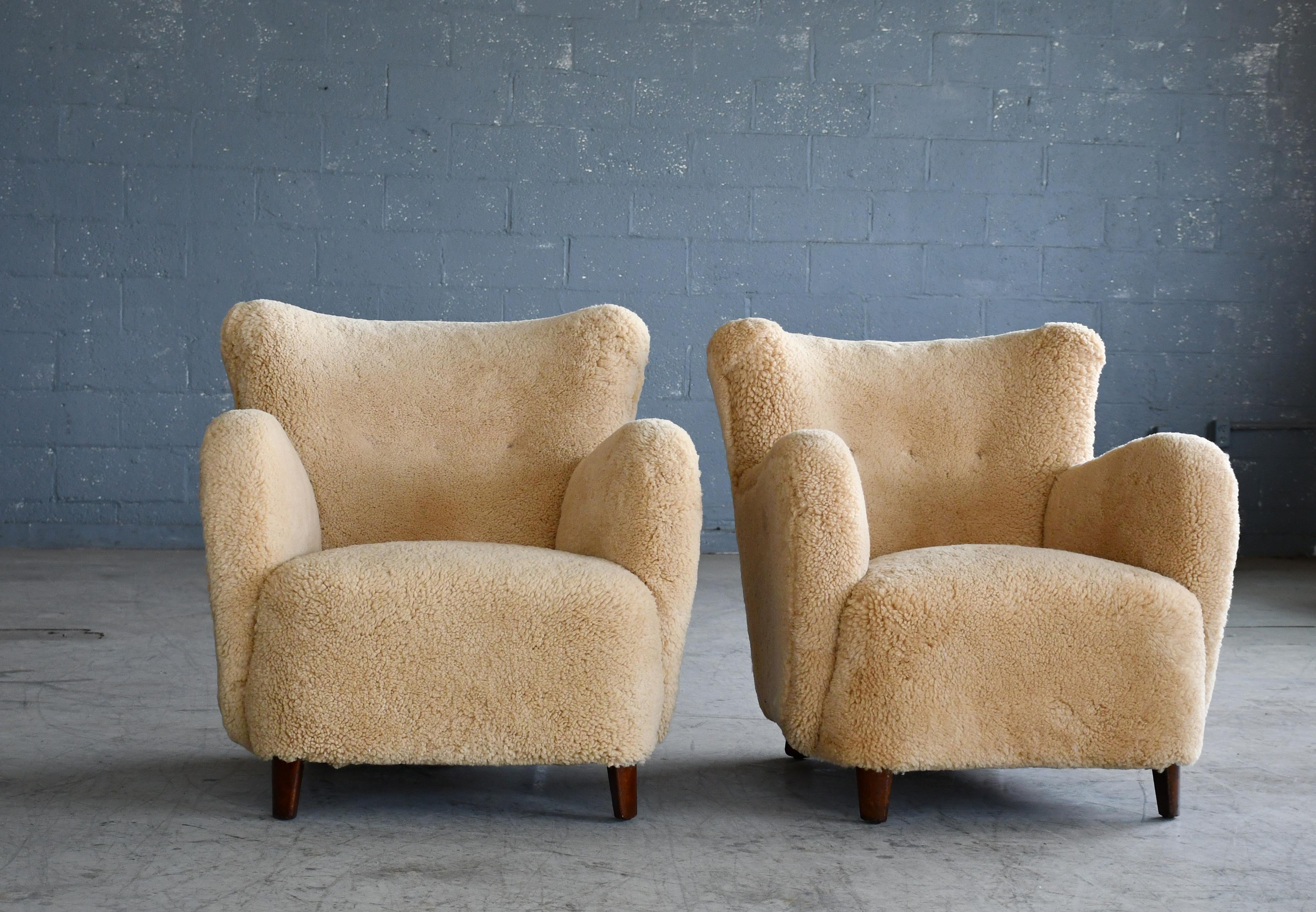 Mid-Century Modern Pair of Danish 1940's Classic Club or Lounge Chairs in Amber Color Shearling