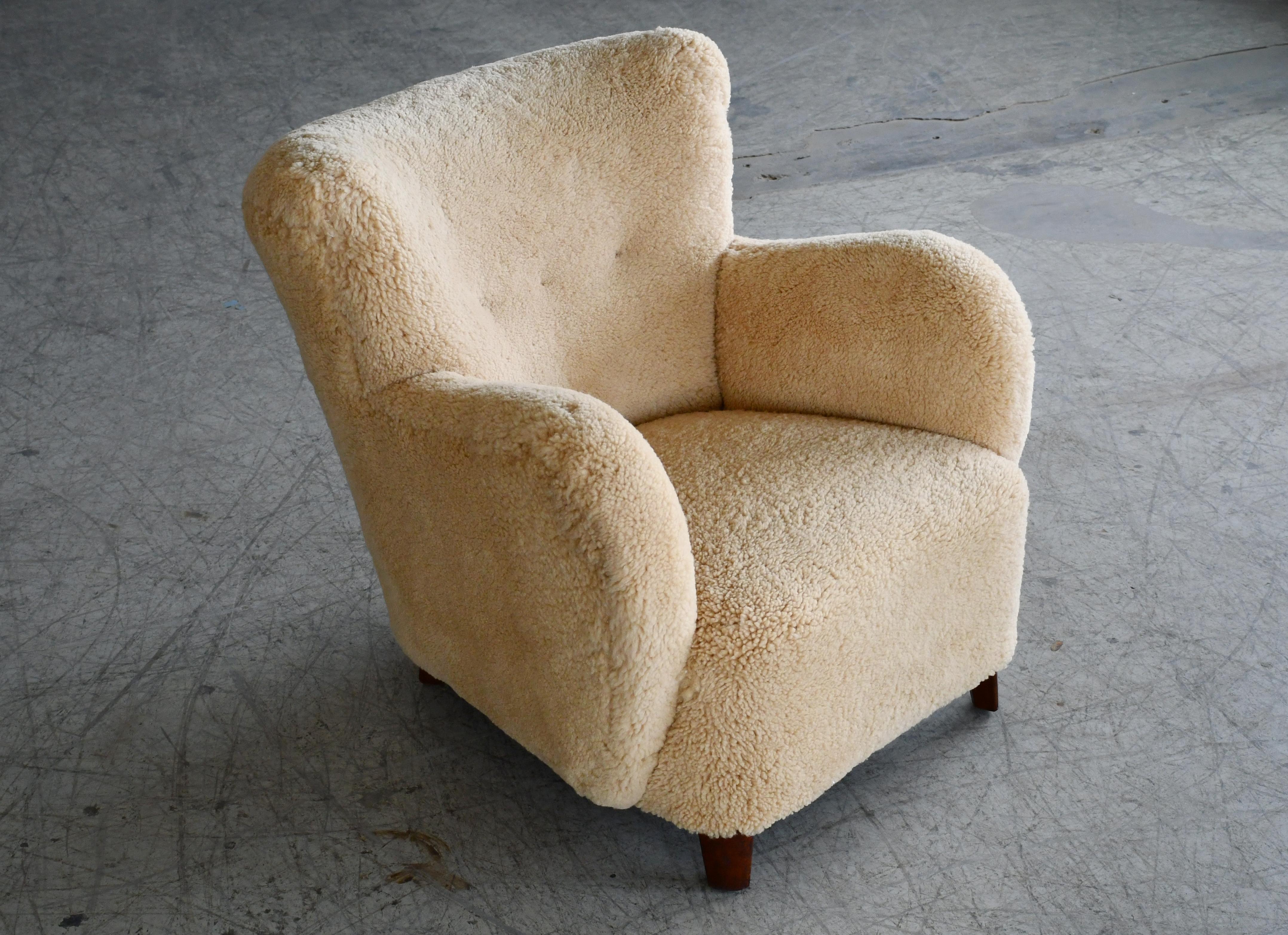 Sheepskin Pair of Danish 1940's Classic Club or Lounge Chairs in Amber Color Shearling