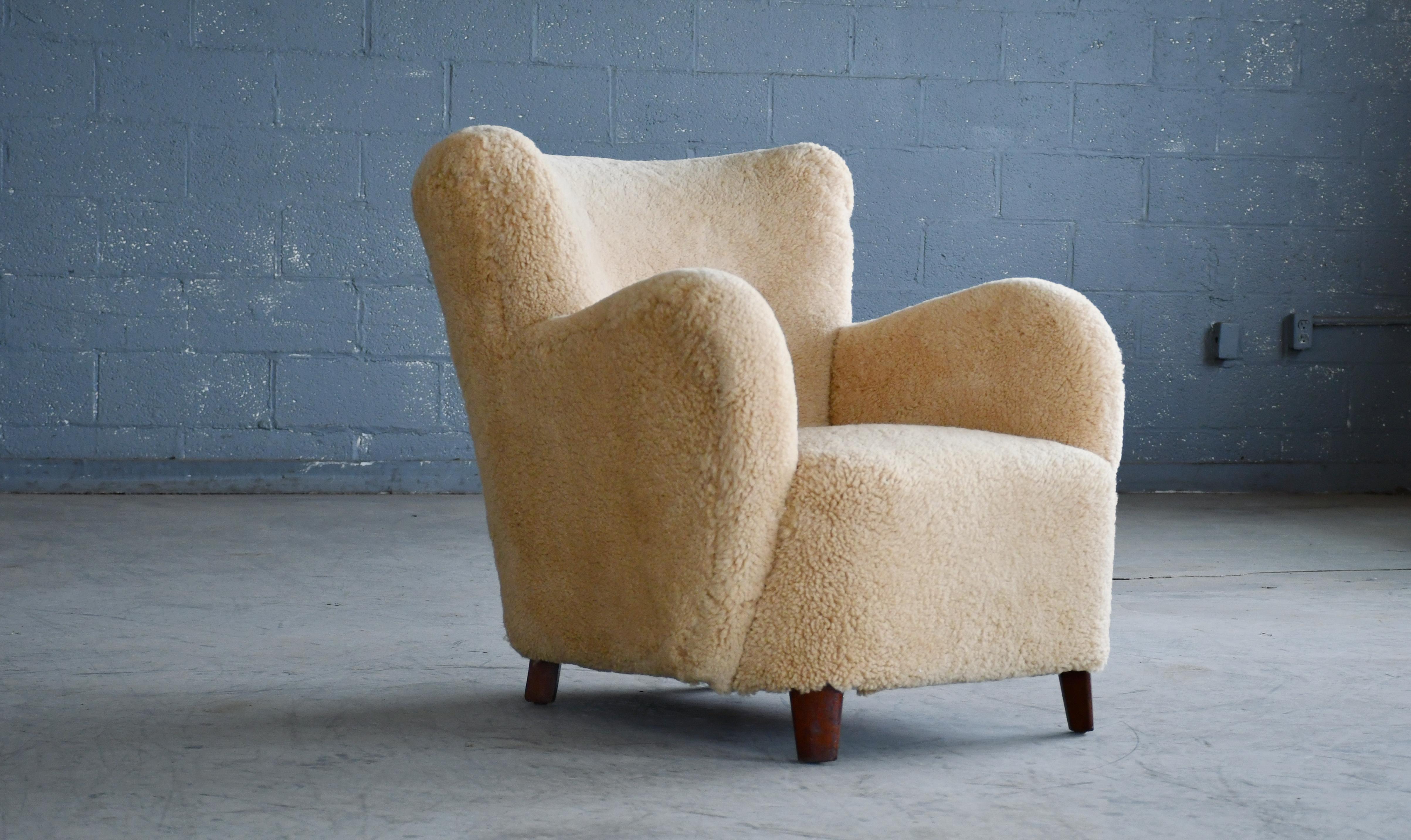 Pair of Danish 1940's Classic Club or Lounge Chairs in Amber Color Shearling 1