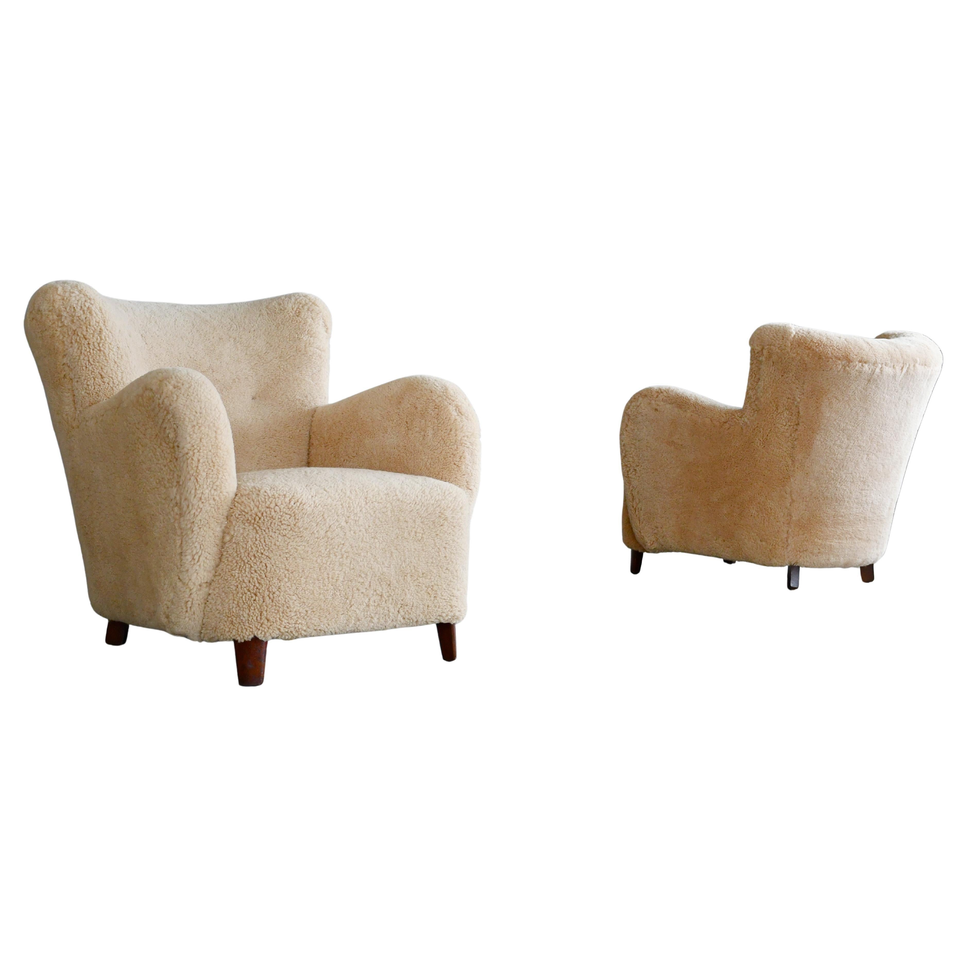 Pair of Danish 1940's Classic Club or Lounge Chairs in Amber Color Shearling