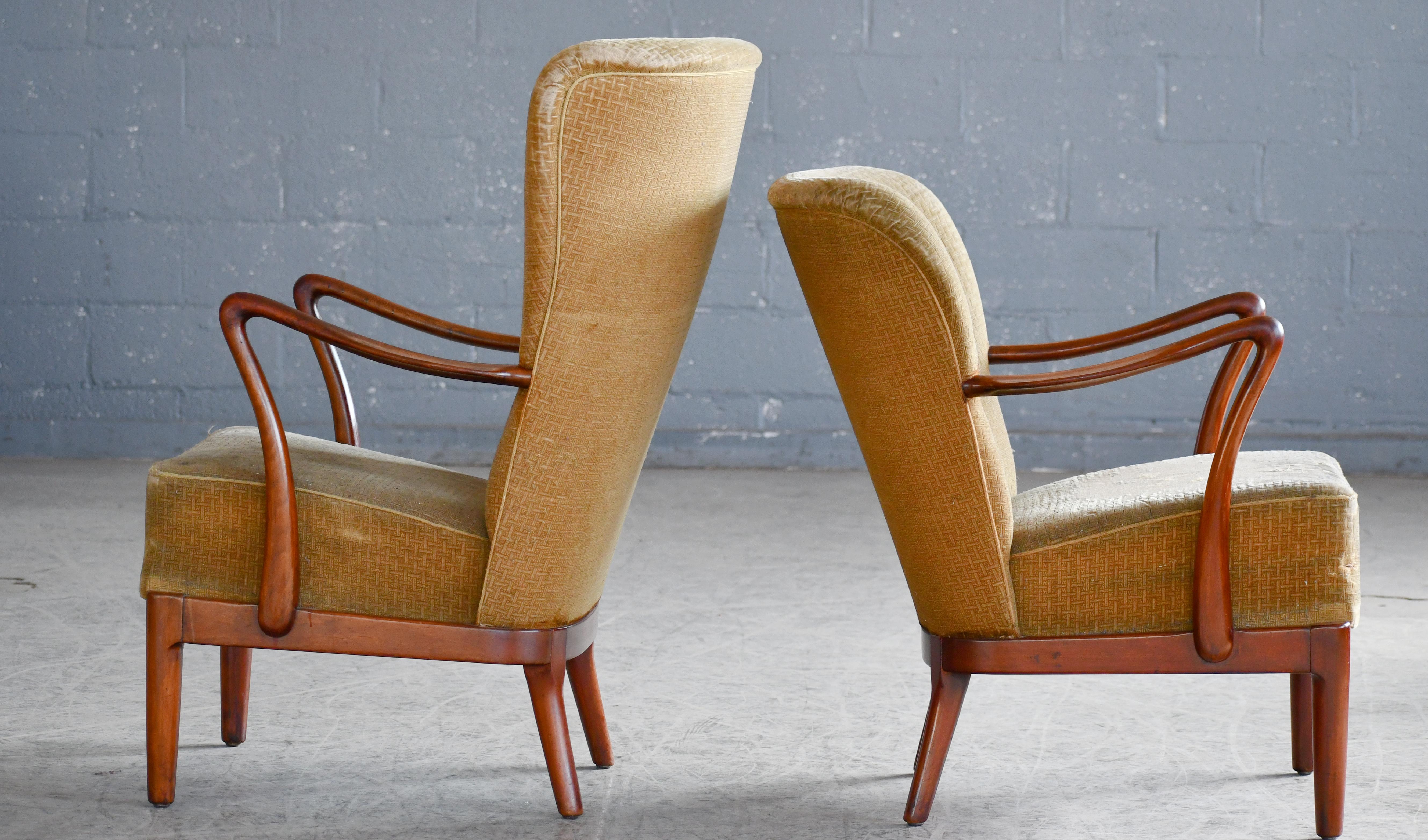 Mid-20th Century Pair of Danish 1940s High and Low Back Easy Chairs with Open Armrests 