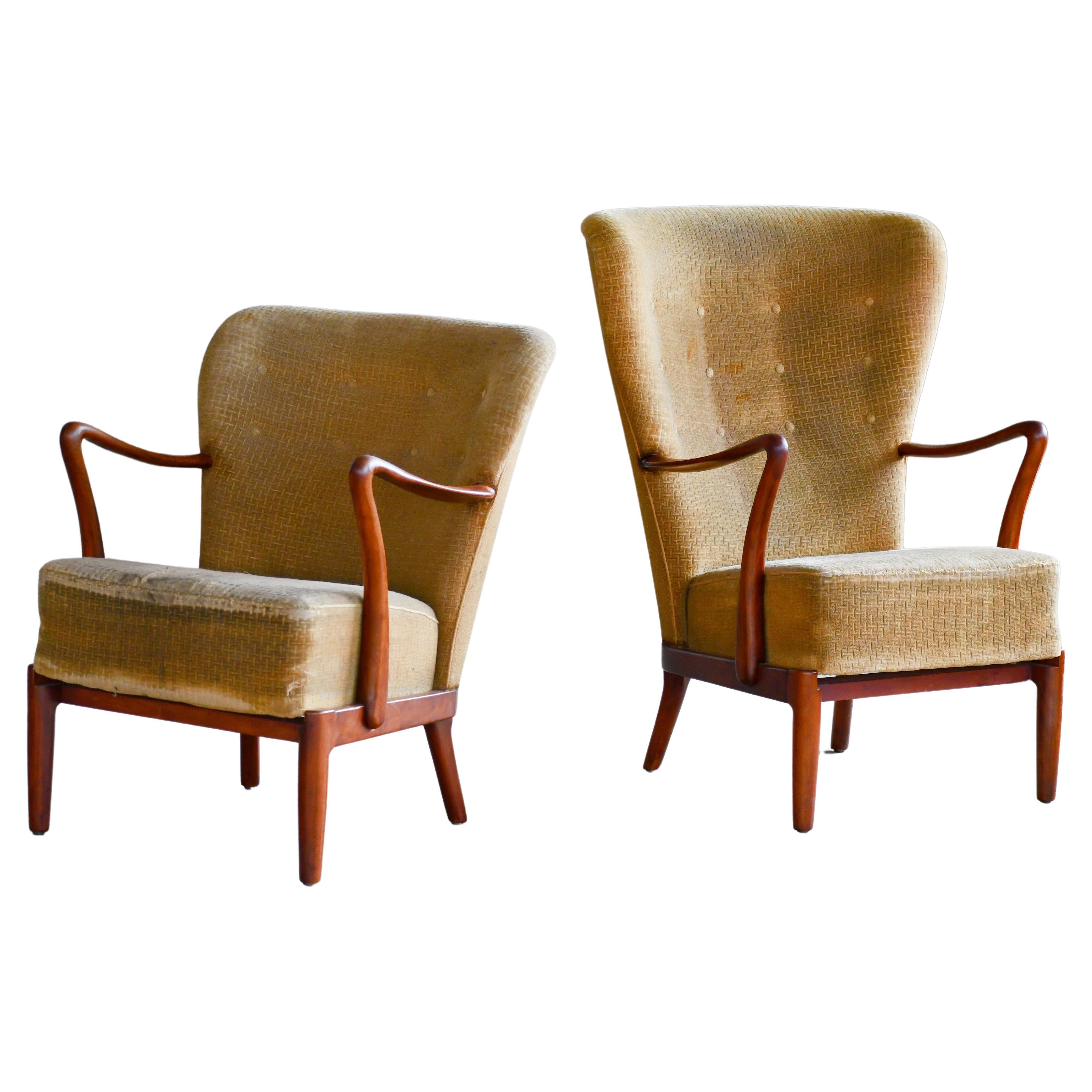 Pair of Danish 1940s High and Low Back Easy Chairs with Open Armrests 