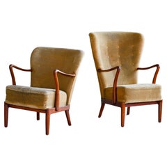 Pair of Danish 1940s High and Low Back Easy Chairs with Open Armrests 