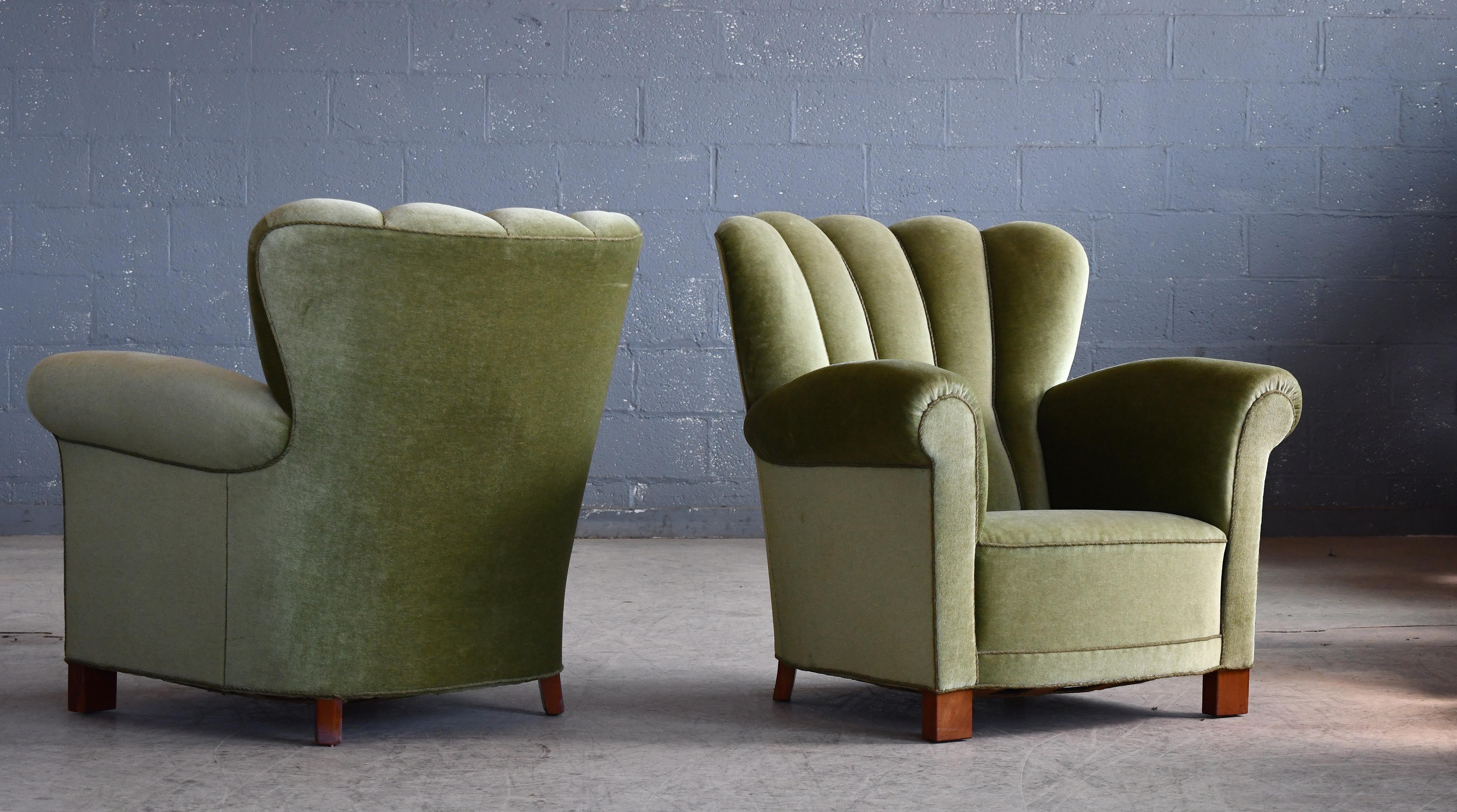 Mid-Century Modern Pair of Danish 1940's Large Channelback Club or Lounge Chairs in Green Mohair