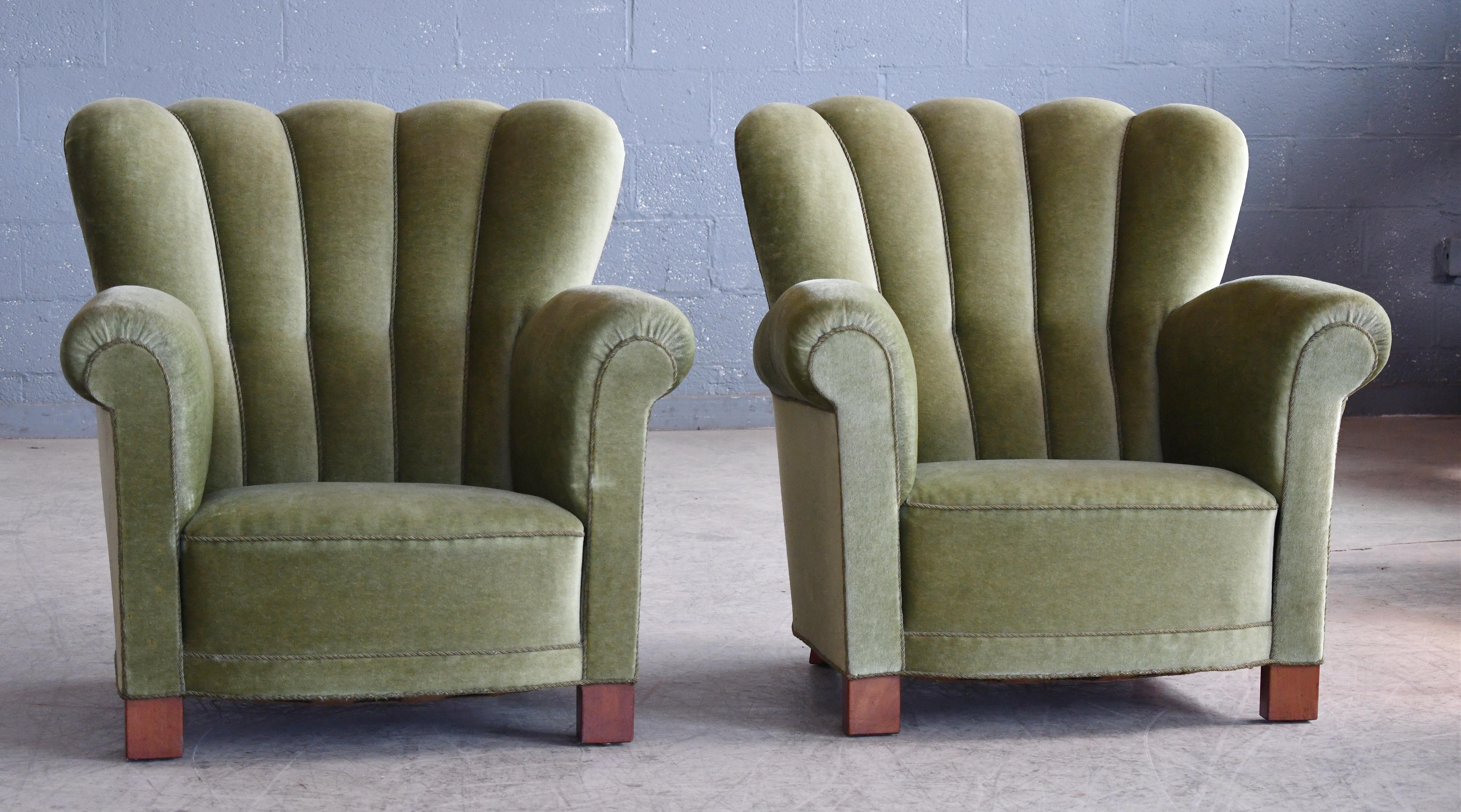 Pair of Danish 1940's Large Channelback Club or Lounge Chairs in Green Mohair In Good Condition In Bridgeport, CT