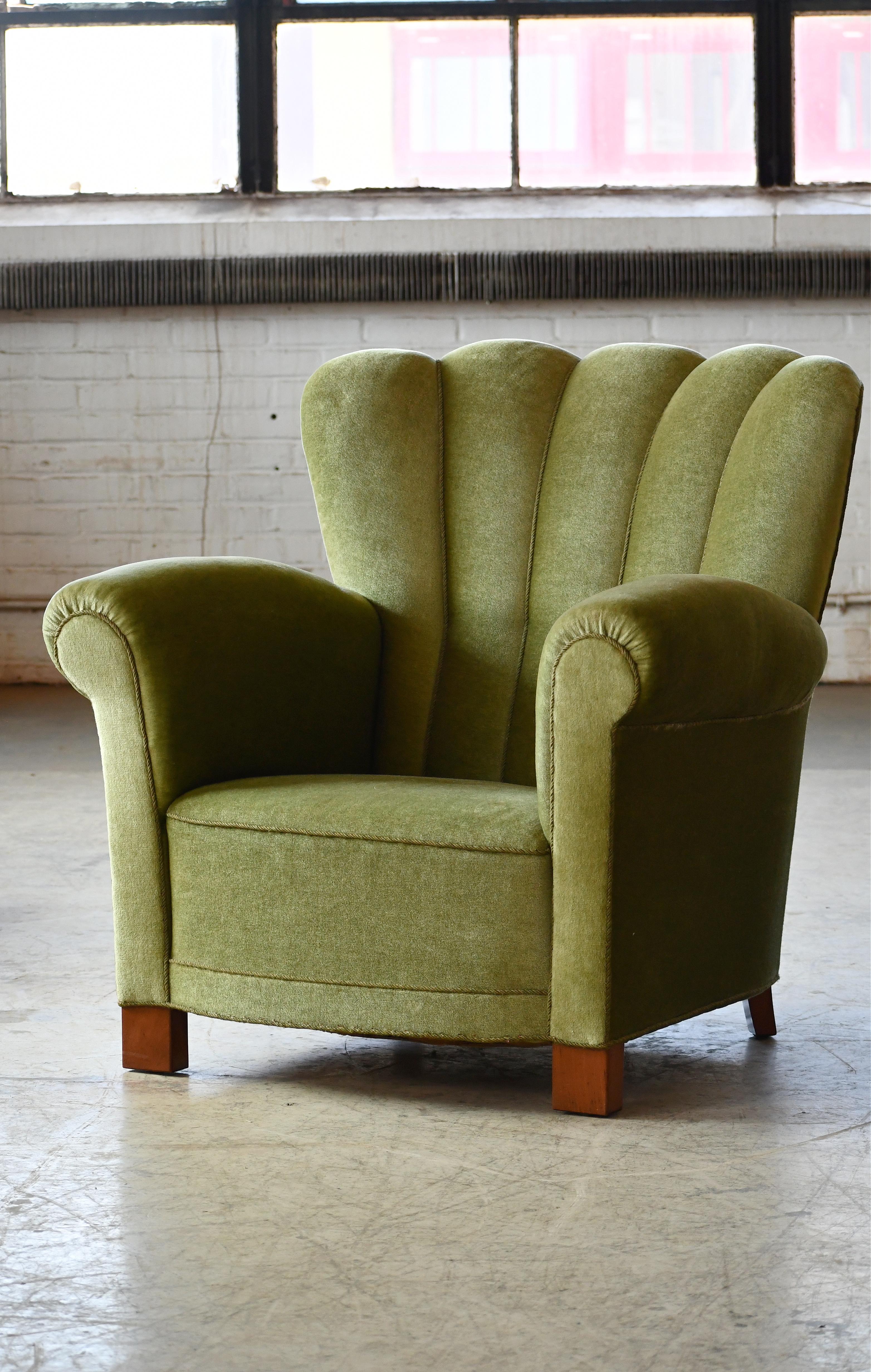 Mid-20th Century Pair of Danish 1940's Large Channelback Club or Lounge Chairs in Green Mohair