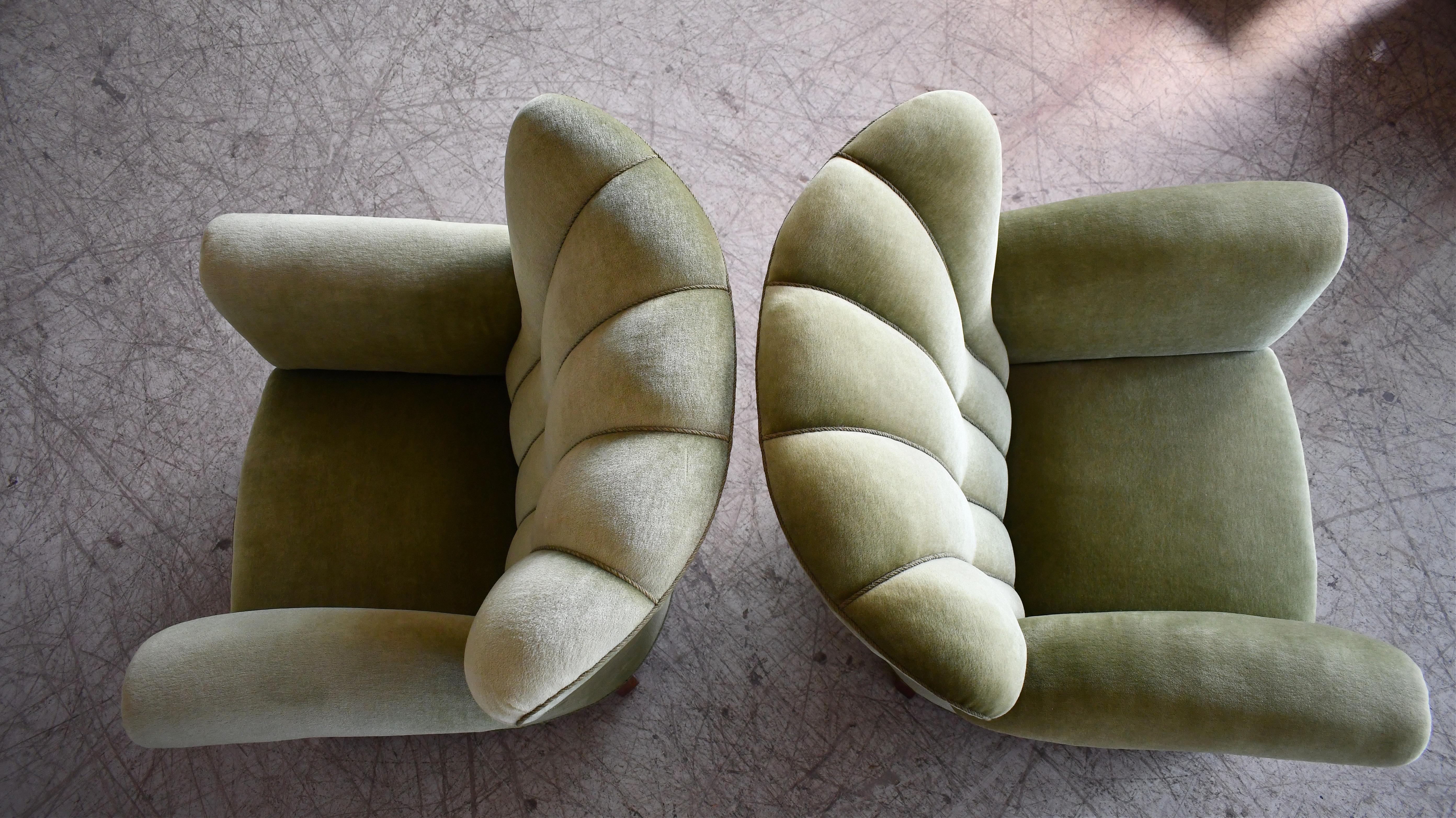 Wool Pair of Danish 1940's Large Channelback Club or Lounge Chairs in Green Mohair