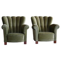 Pair of Danish 1940's Large Channelback Club or Lounge Chairs in Green Mohair