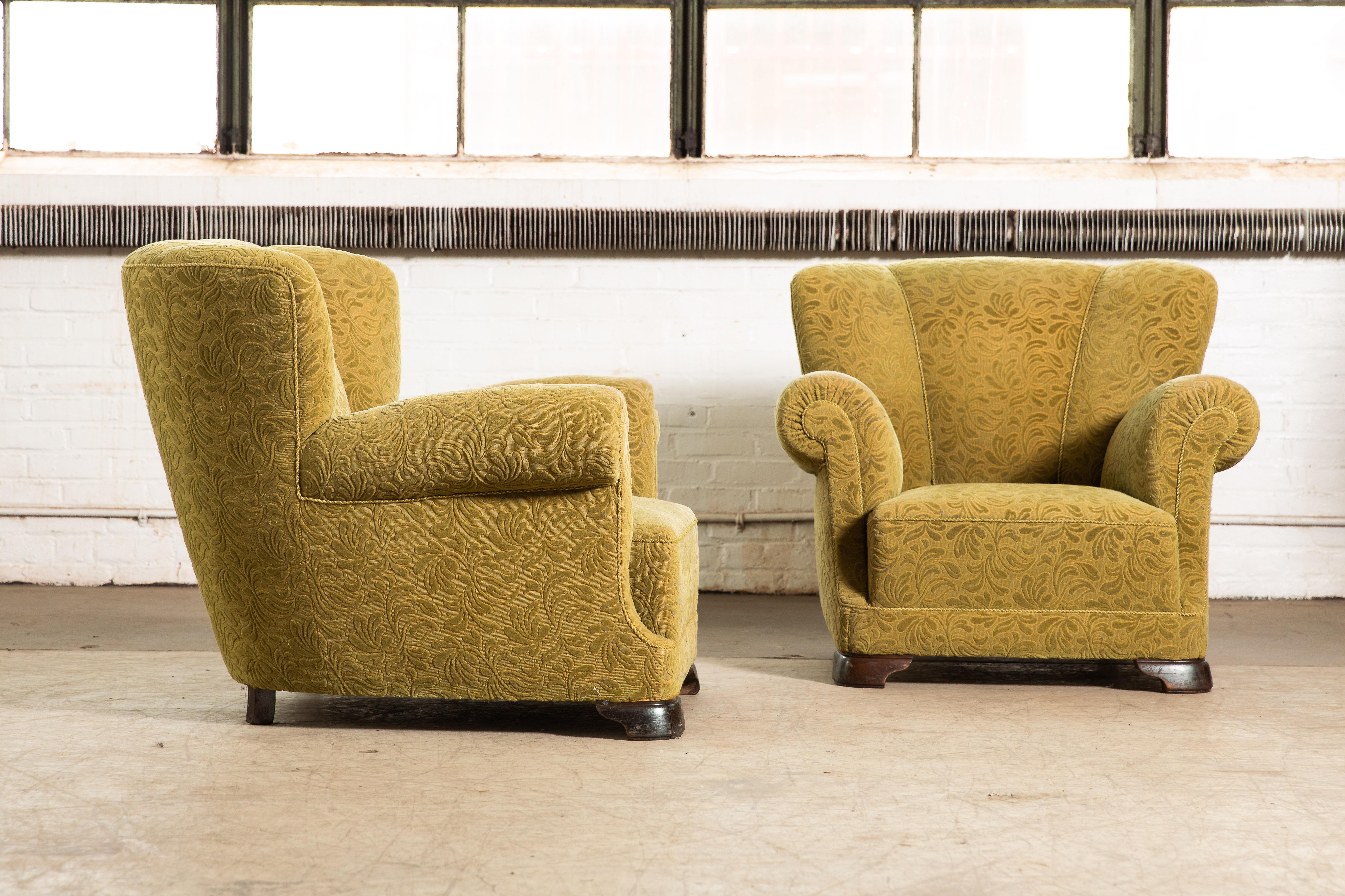 Mid-Century Modern Pair of Danish 1940's Large Scale Club Chairs in the Style of Fritz Hansen