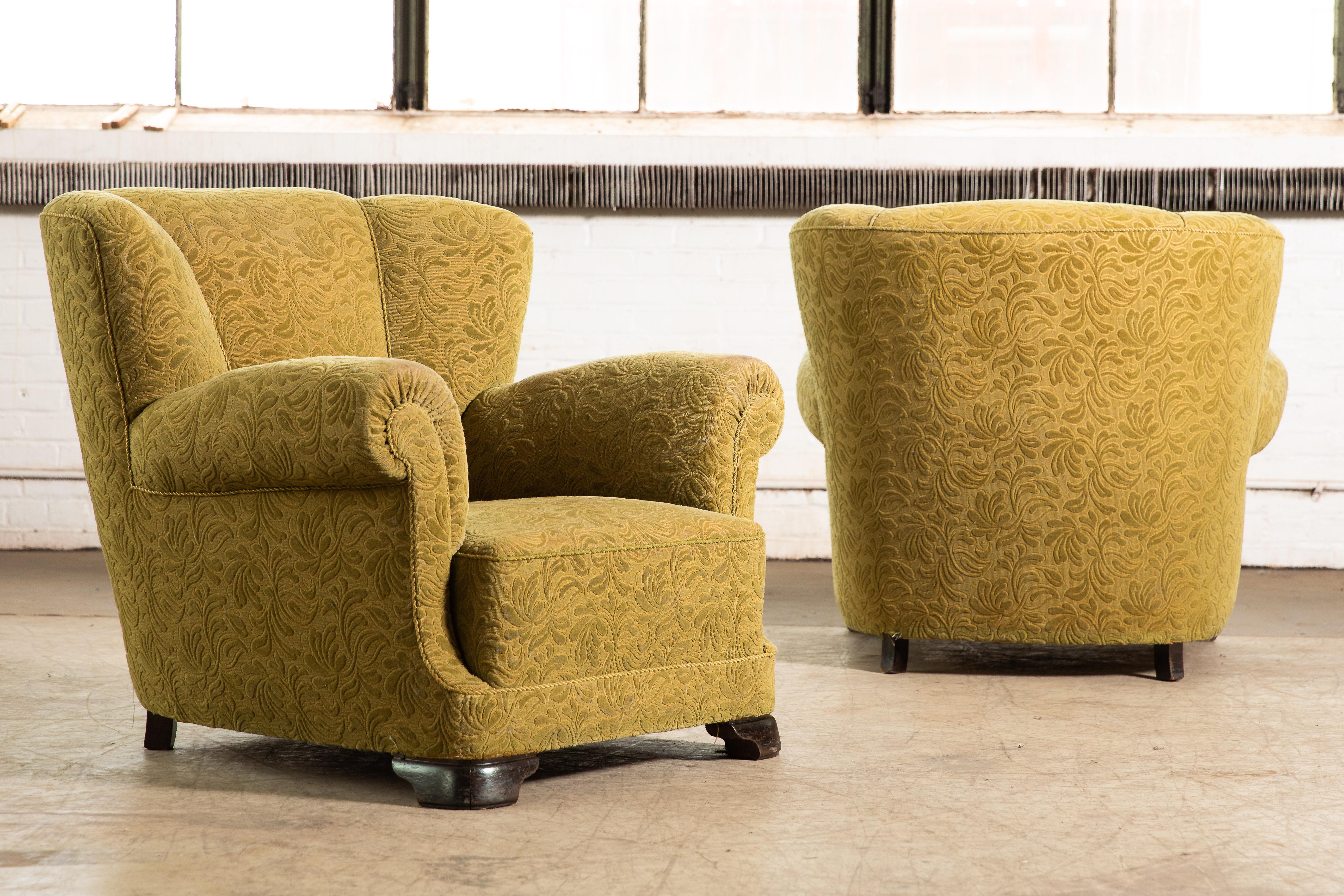 Mid-20th Century Pair of Danish 1940's Large Scale Club Chairs in the Style of Fritz Hansen