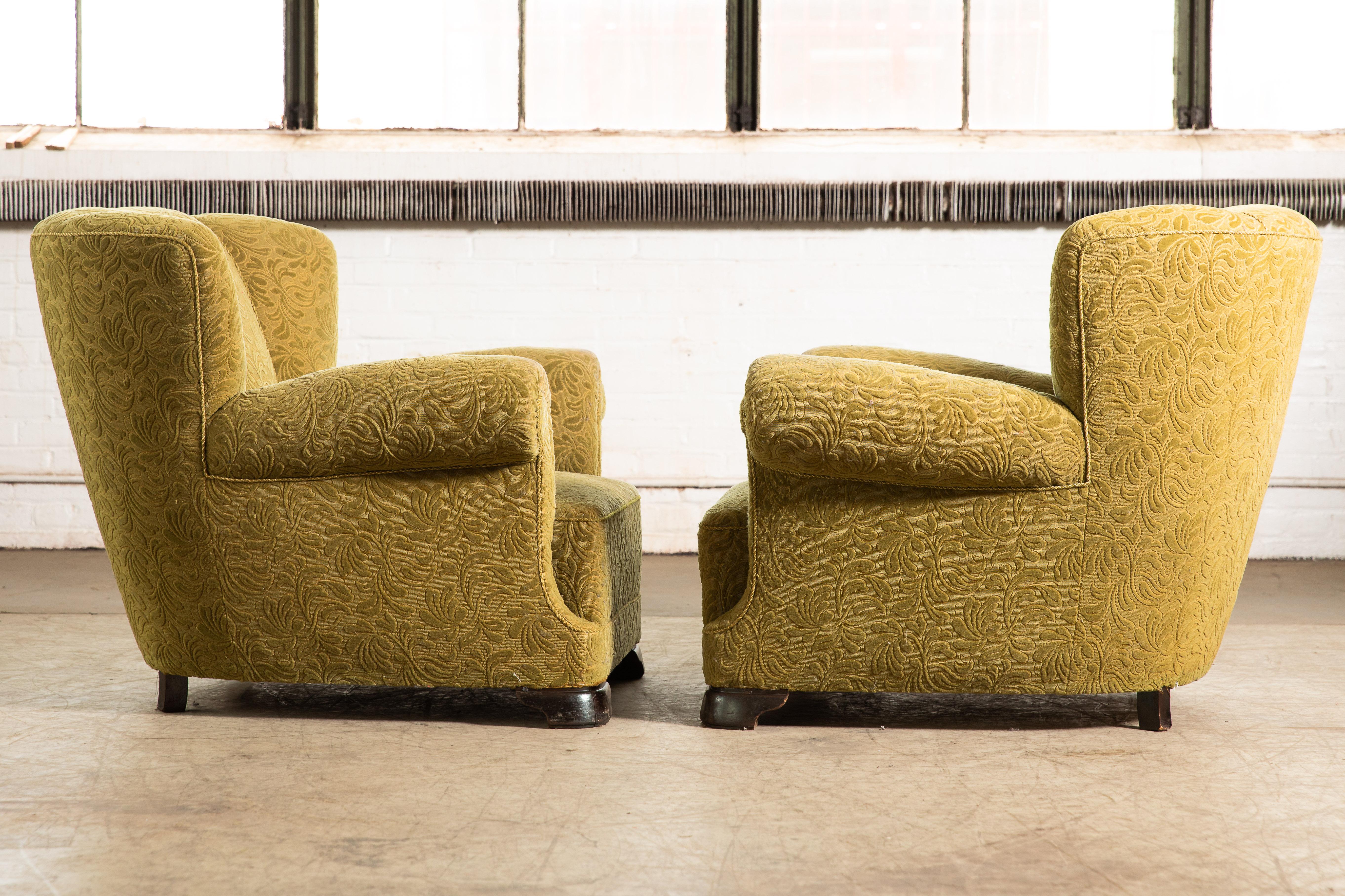 Wool Pair of Danish 1940's Large Scale Club Chairs in the Style of Fritz Hansen