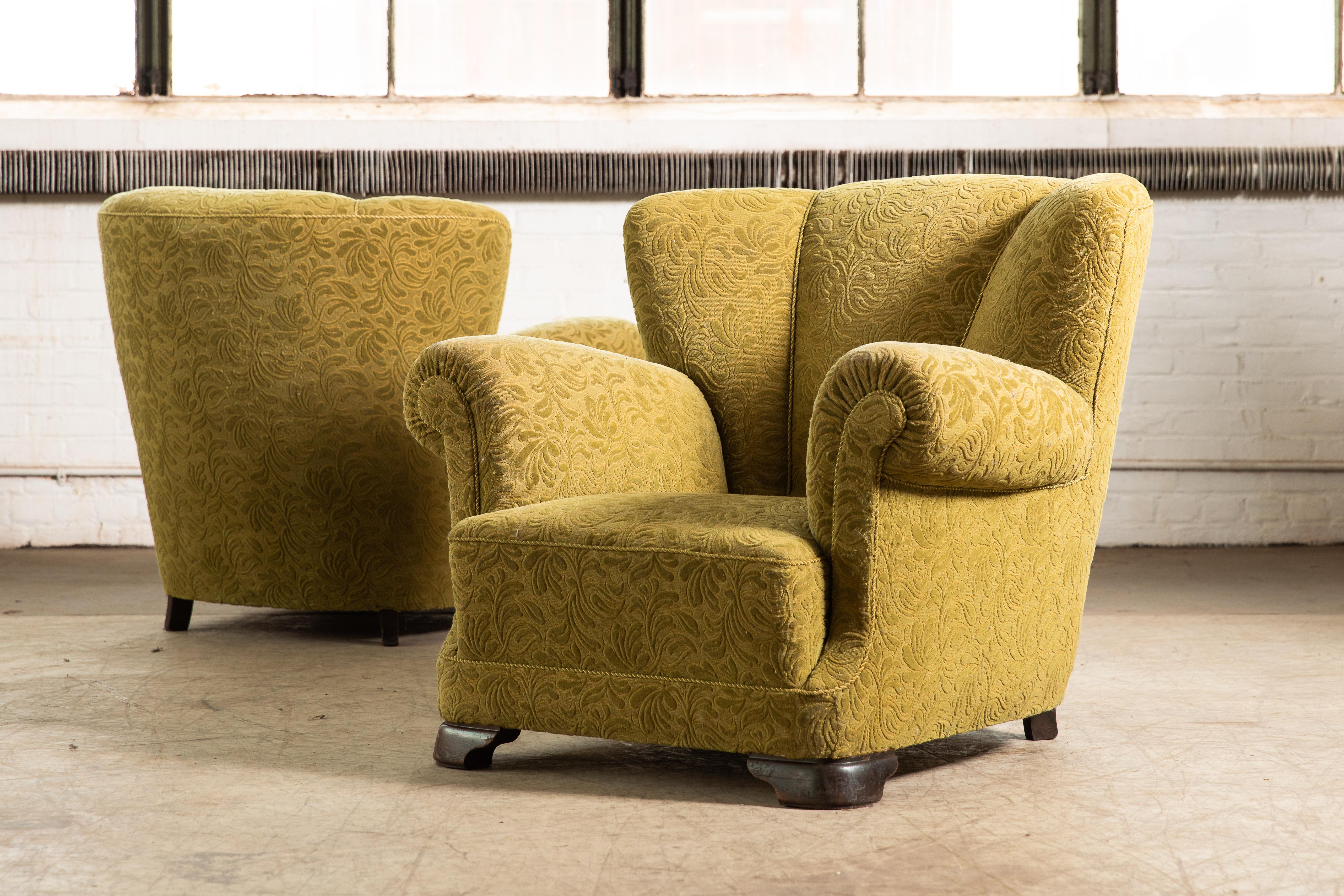 Pair of Danish 1940's Large Scale Club Chairs in the Style of Fritz Hansen 1