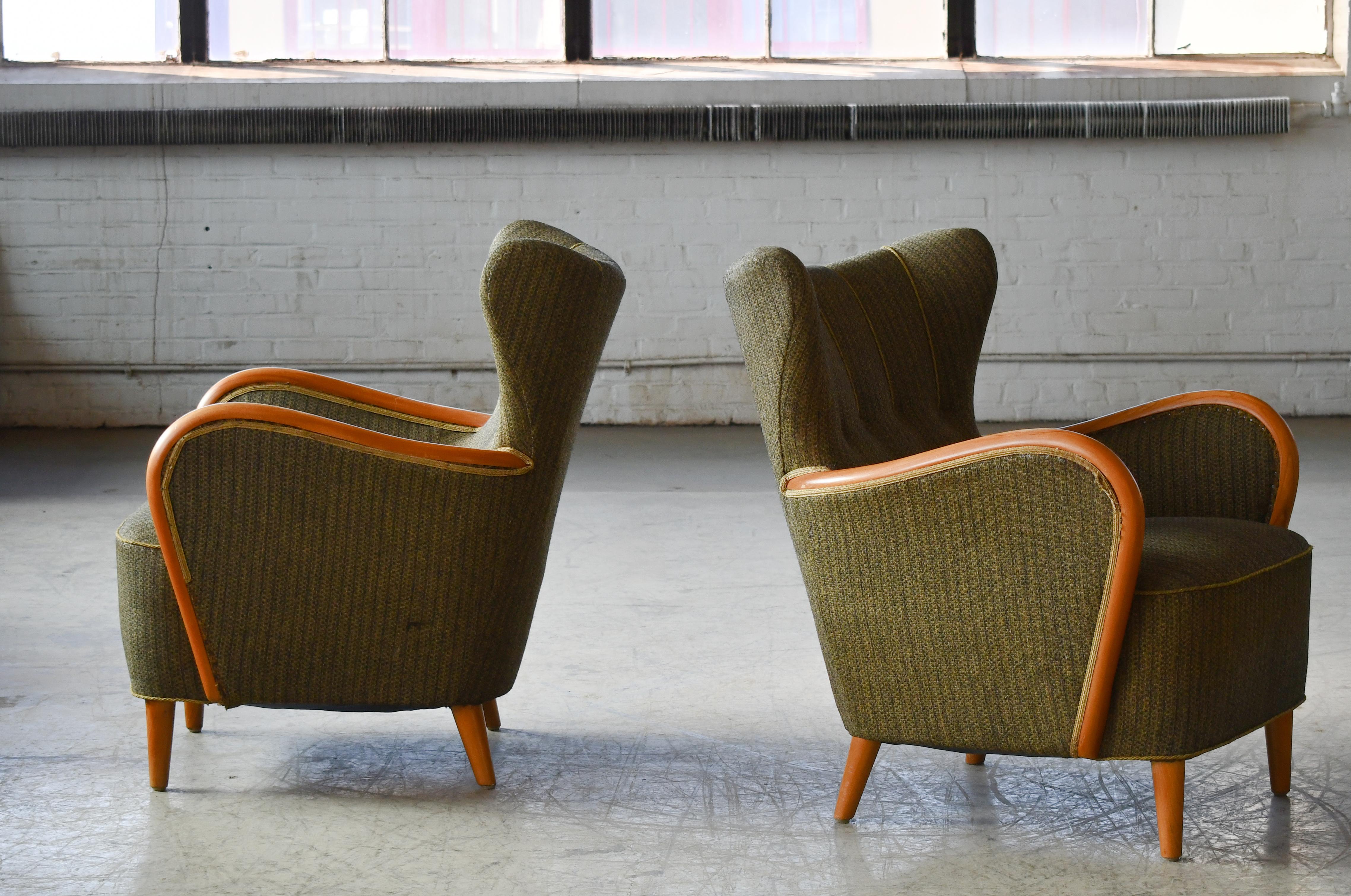 Pair of  Danish 1940s Lounge Chairs with Carved Armrests Accents in Oak 4