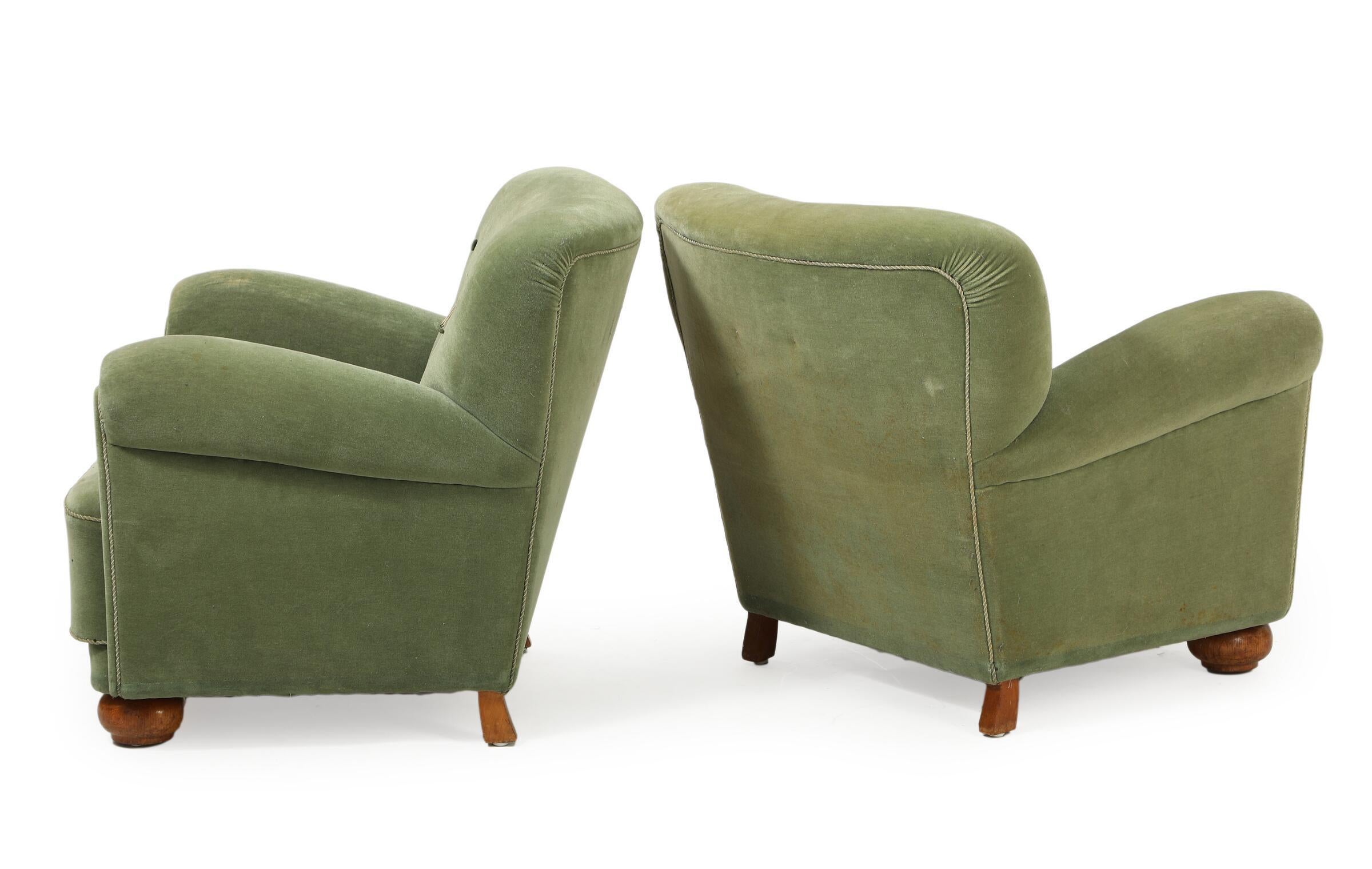 Mid-Century Modern Paire de fauteuils club danois à dossier bas des années 1940 Style Marta Blomstedt en vente