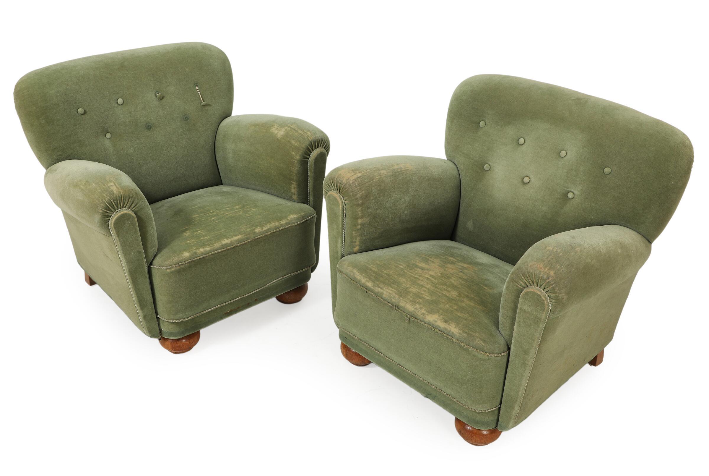 Danois Paire de fauteuils club danois à dossier bas des années 1940 Style Marta Blomstedt en vente