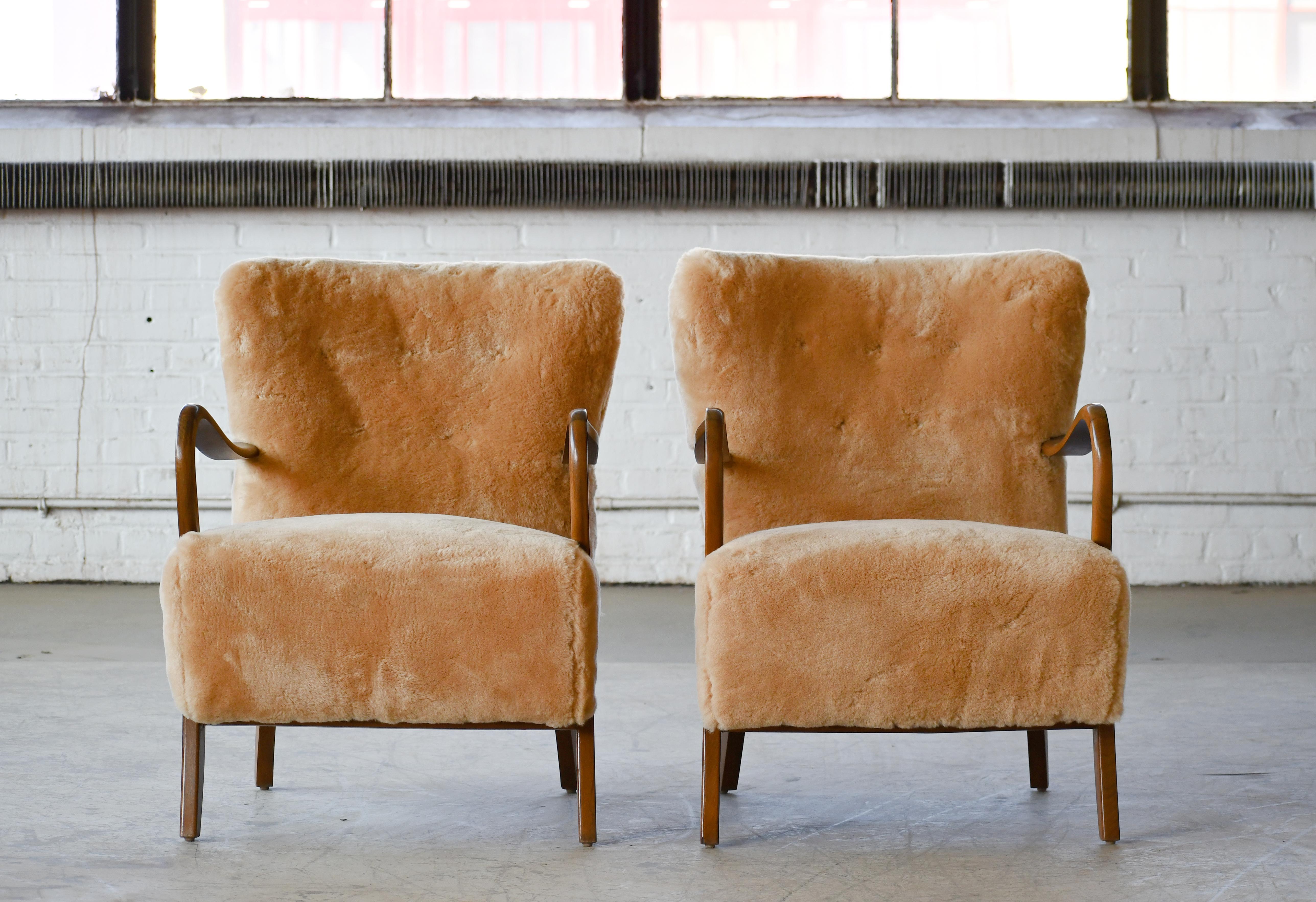 Mid-Century Modern Pair of Danish 1940s Low Back Easy Chairs in Amber Shearling with Open Armrests