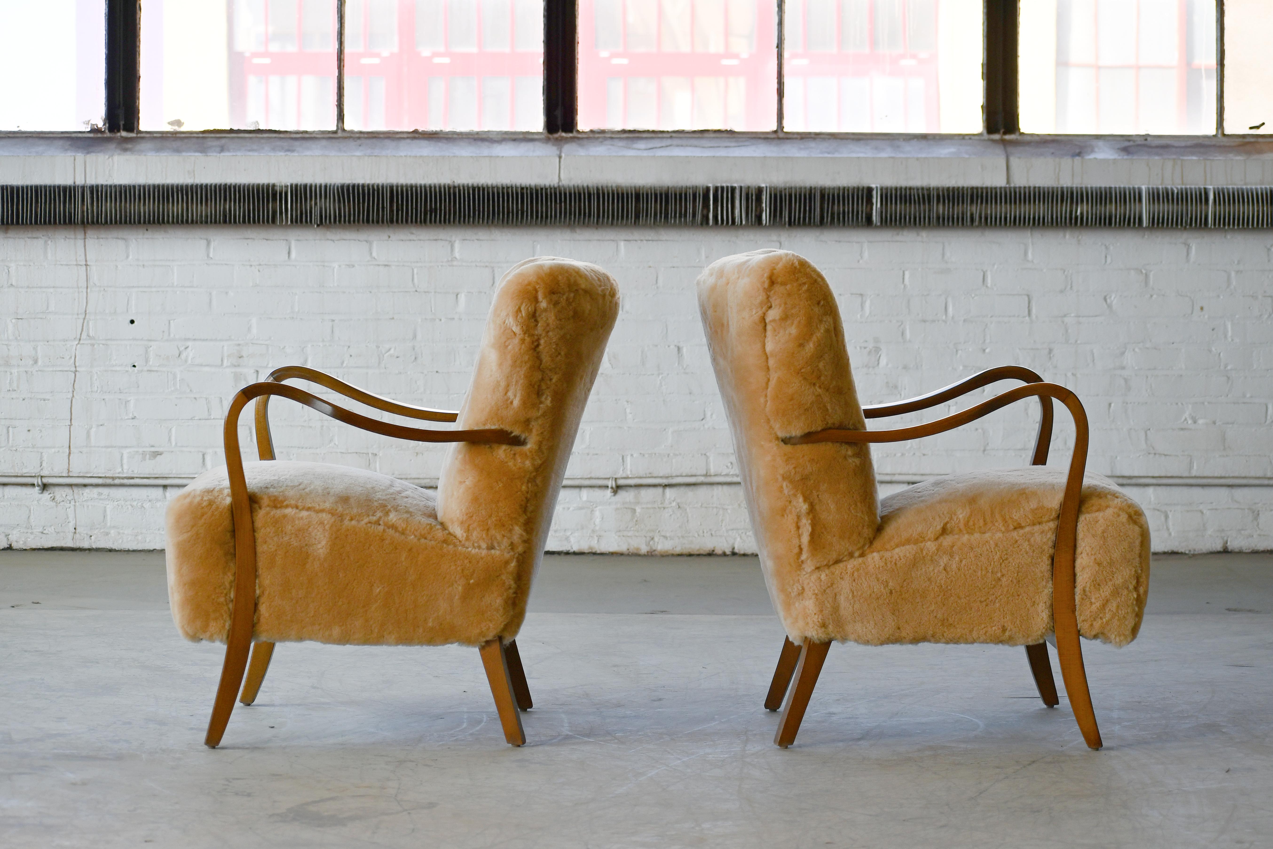 Sheepskin Pair of Danish 1940s Low Back Easy Chairs in Amber Shearling with Open Armrests