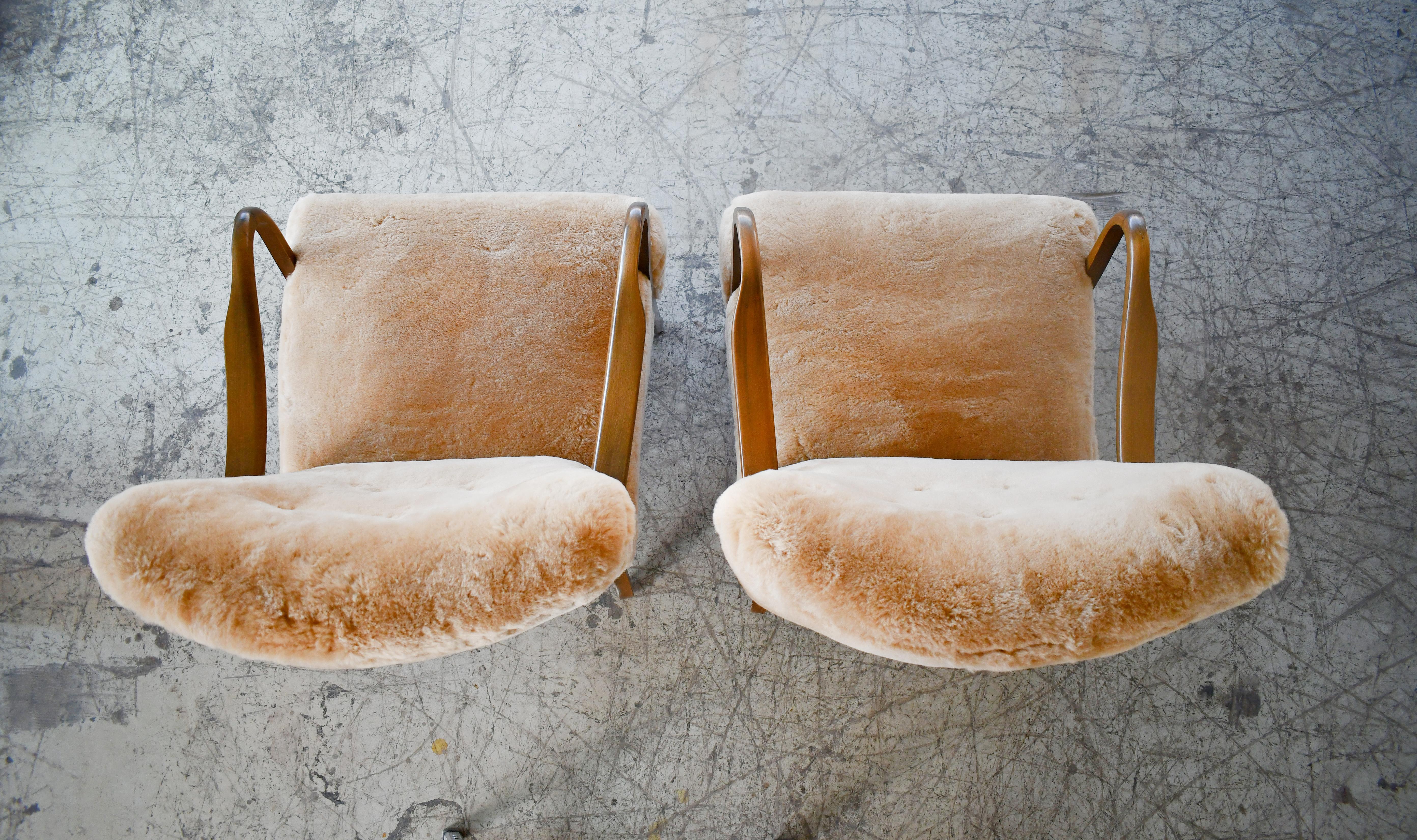 Pair of Danish 1940s Low Back Easy Chairs in Amber Shearling with Open Armrests 2