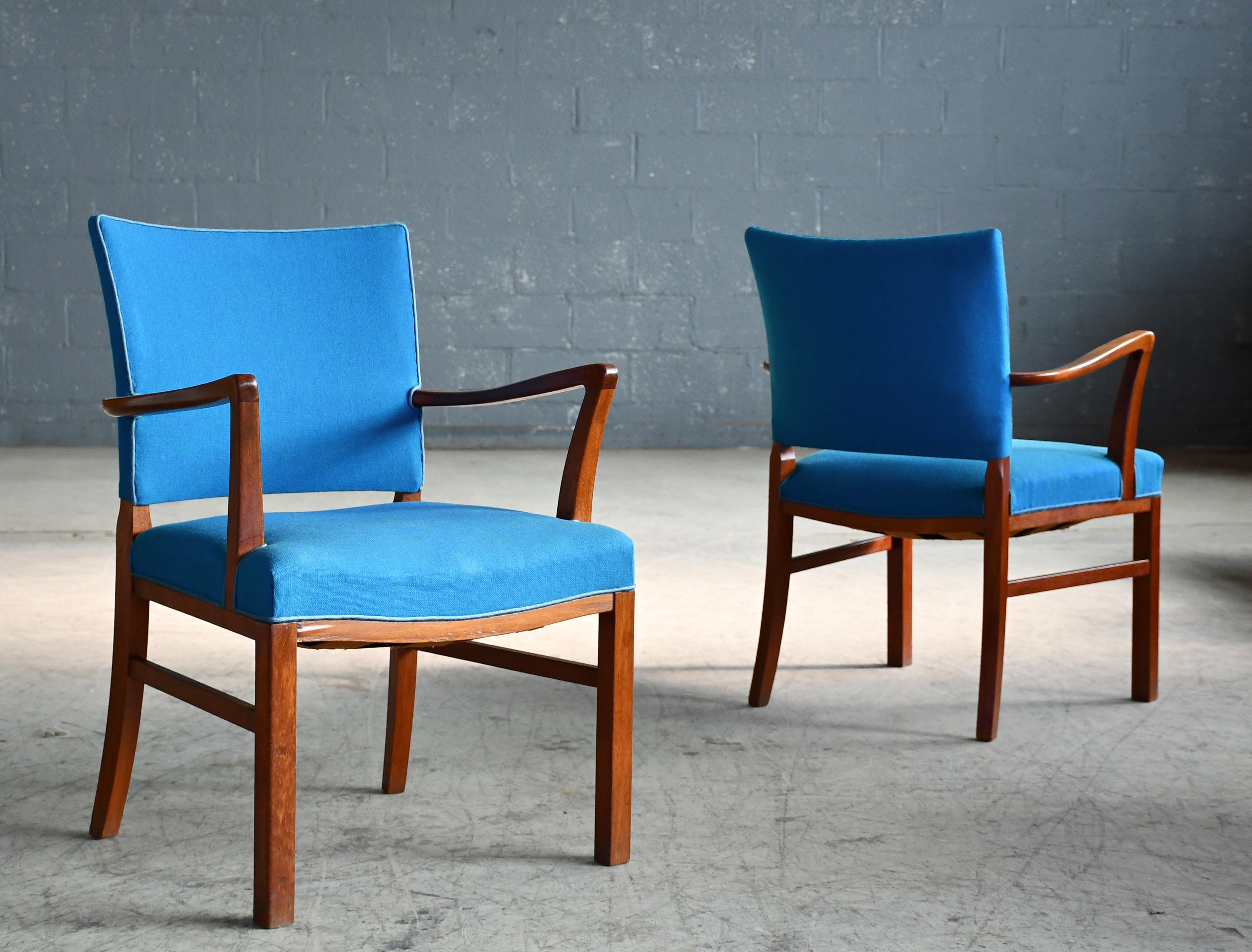 Classic elegant Danish high back armchair from the 1940s. Made in the style of Alfred Christensen for Slagelse Mobelvaerk although we are not aware of the Designer and maker of these.  The chairs are made with open armrests in beautifully carved