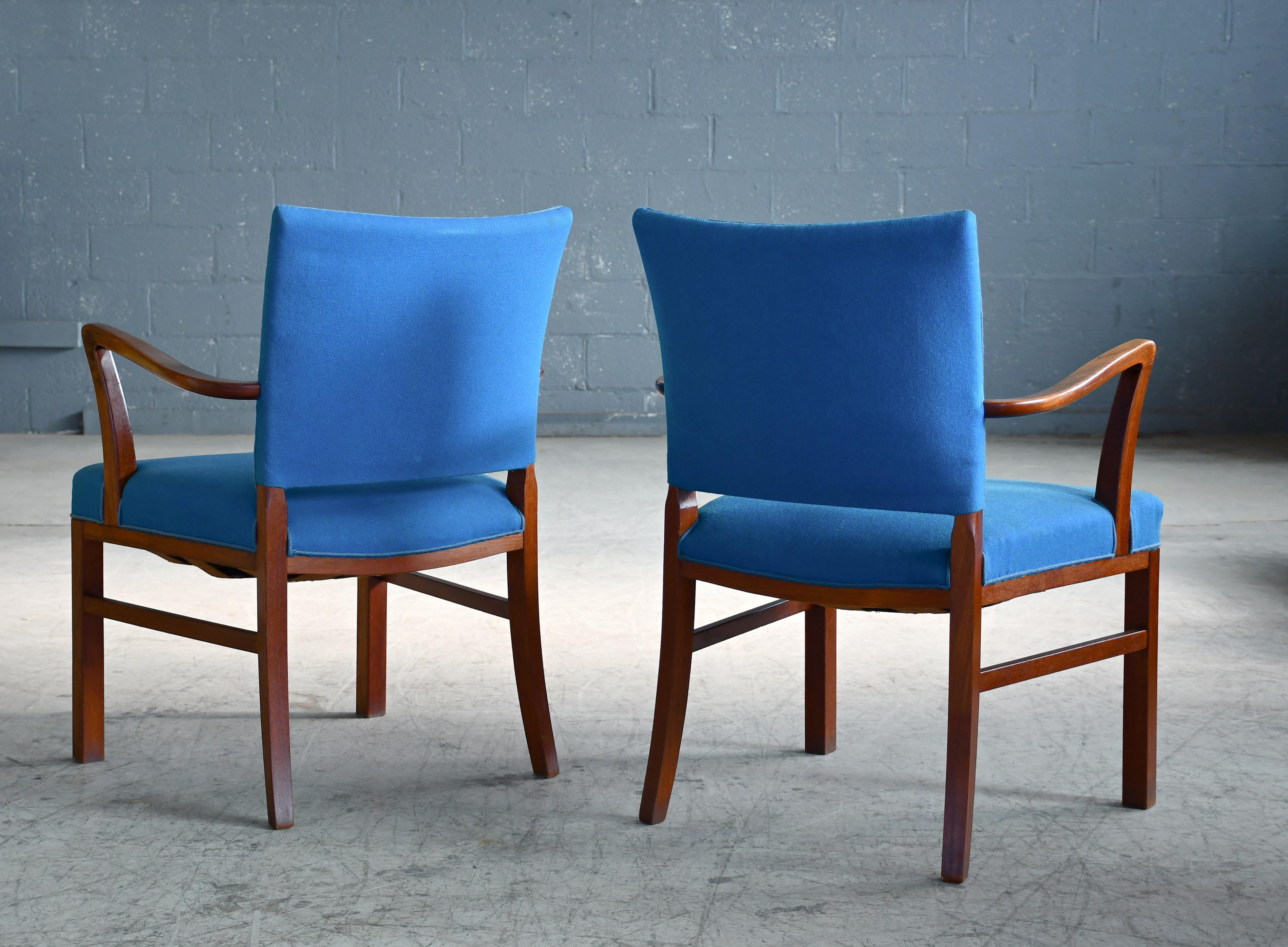 Wool Pair of Danish 1940s Mahogany Side or Desk Chairs with Open Armrests (v)