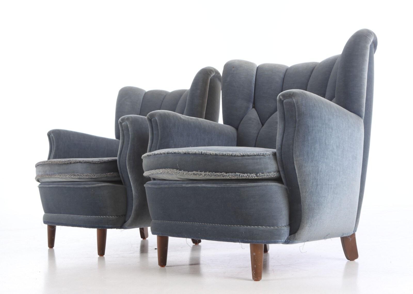 Milieu du XXe siècle Paire de fauteuils club danois à dossier bas des années 1940, style Fritz Hansen en vente