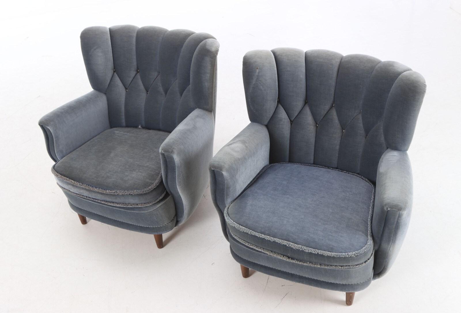 Laine Paire de fauteuils club danois à dossier bas des années 1940, style Fritz Hansen en vente