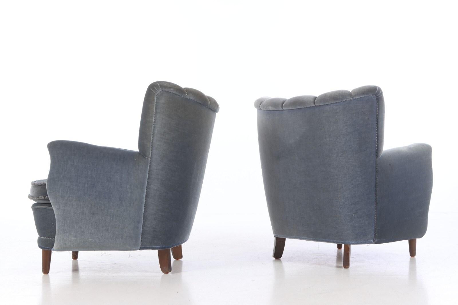 Paire de fauteuils club danois à dossier bas des années 1940, style Fritz Hansen en vente 1