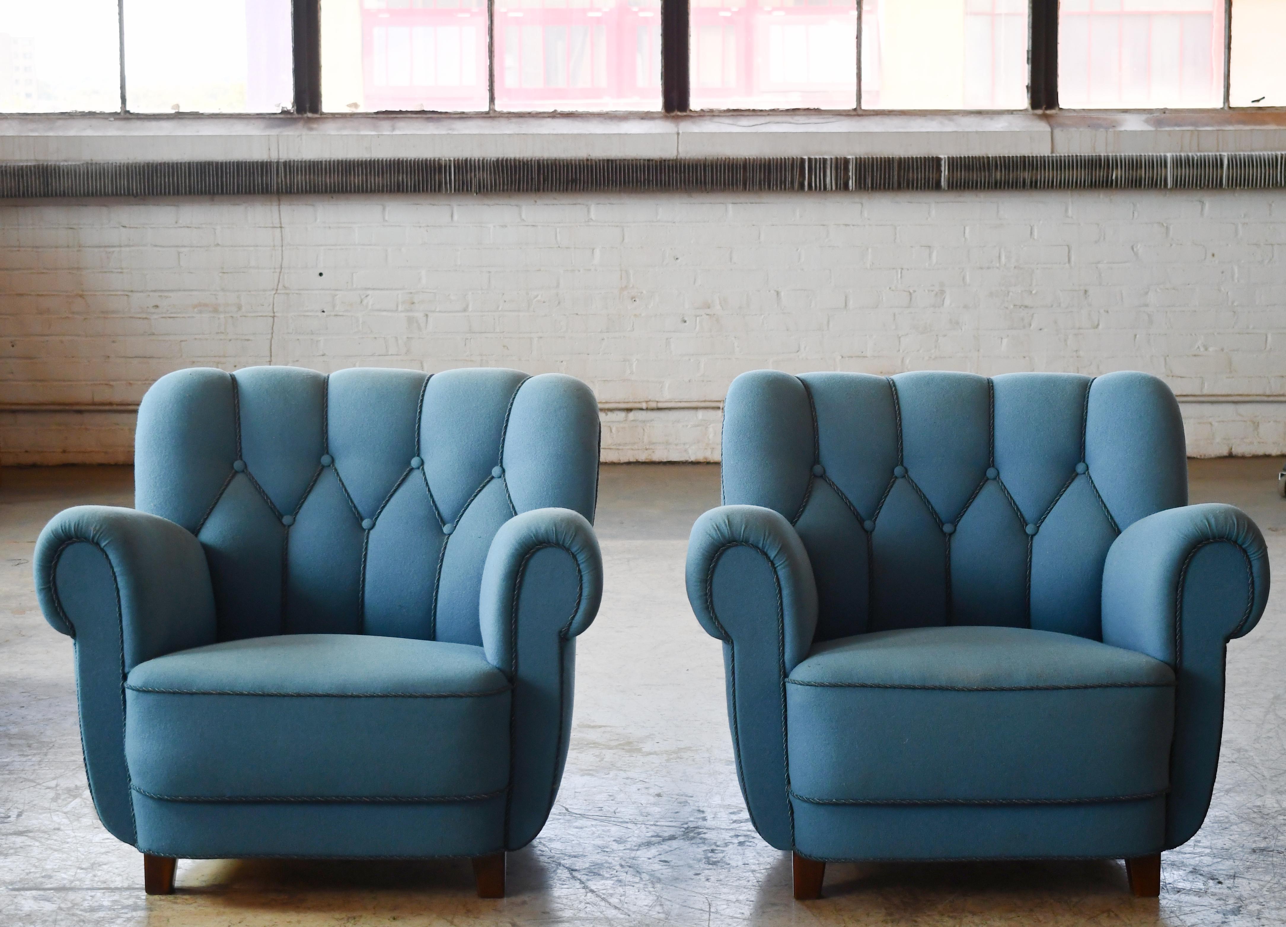 Beech Pair of Danish 1940s Mid-size Low Back Club Chairs Style of Fritz Hansen