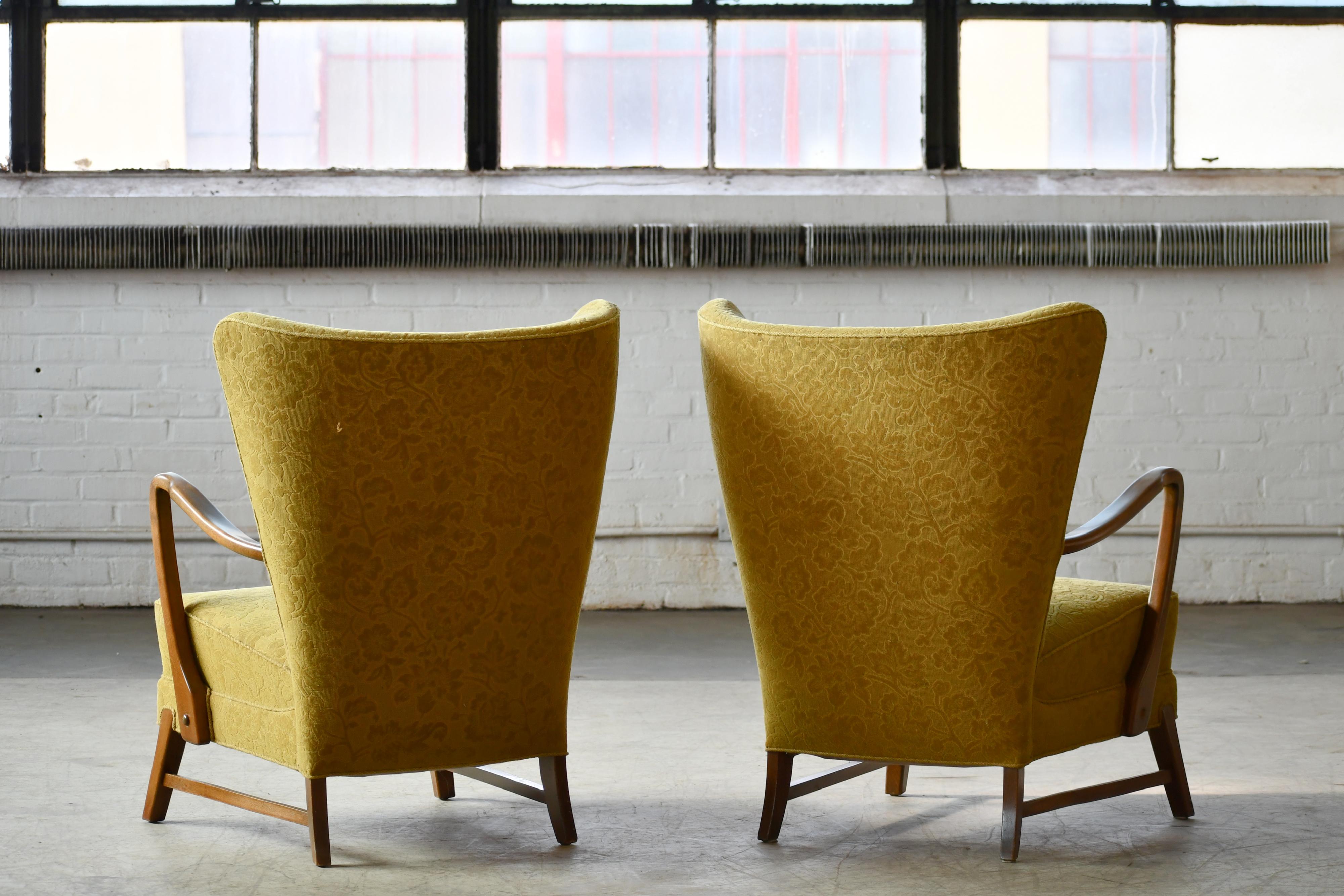 Pair of Danish 1940s Midcentury Fritz Hansen Style High Back Lounge Chairs 2